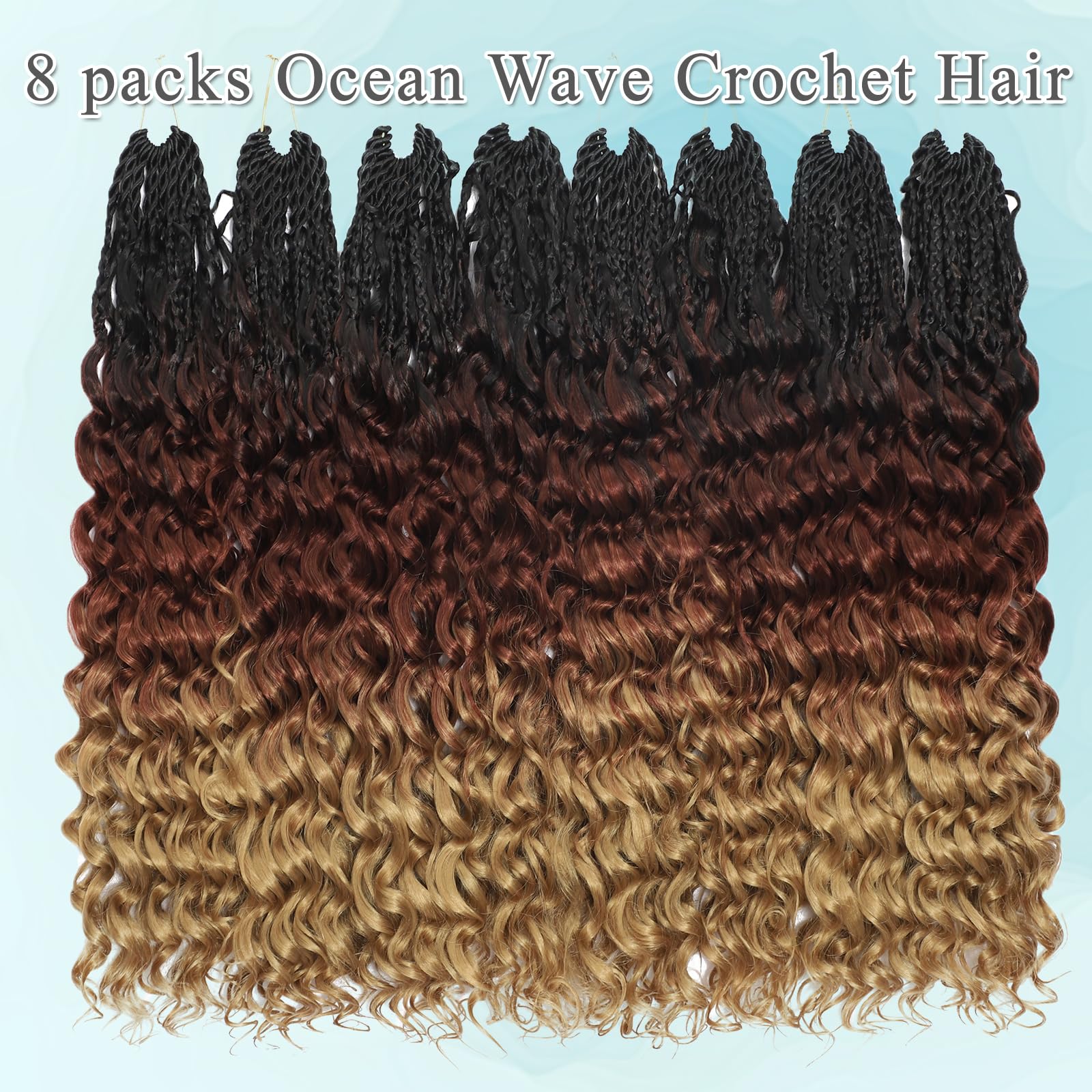 Pre Looped Ocean Wave Crochet Hair 8 Packs Boho Ocean Braids Short Curly Crochet Hair Pre Twisted Synthetic Deep Wavy Crochet Hair for Women (1B/30/27 - Image 4
