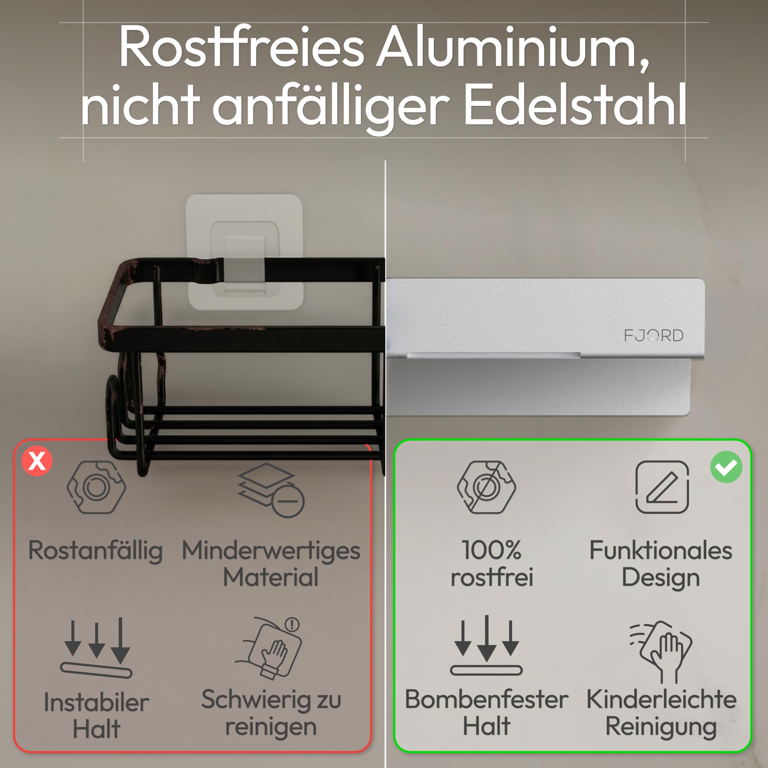 FJORD Flow Premium Duschablage ohne Bohren [Matt Silber] – Design Duschregal mit integriertem Rasiererhalter – Rostfreies Aluminium – Selbstklebend mit Hybrid-Haftsystem – Modernes Badzubehör