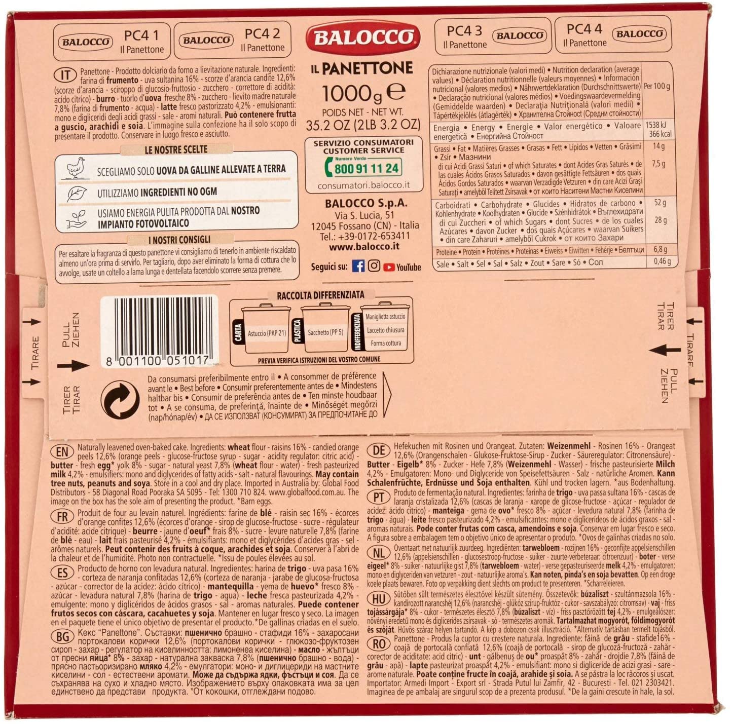4x Balocco Il Panettone Backprodukt mit Rosinen und Kandierten Früchten 1Kg