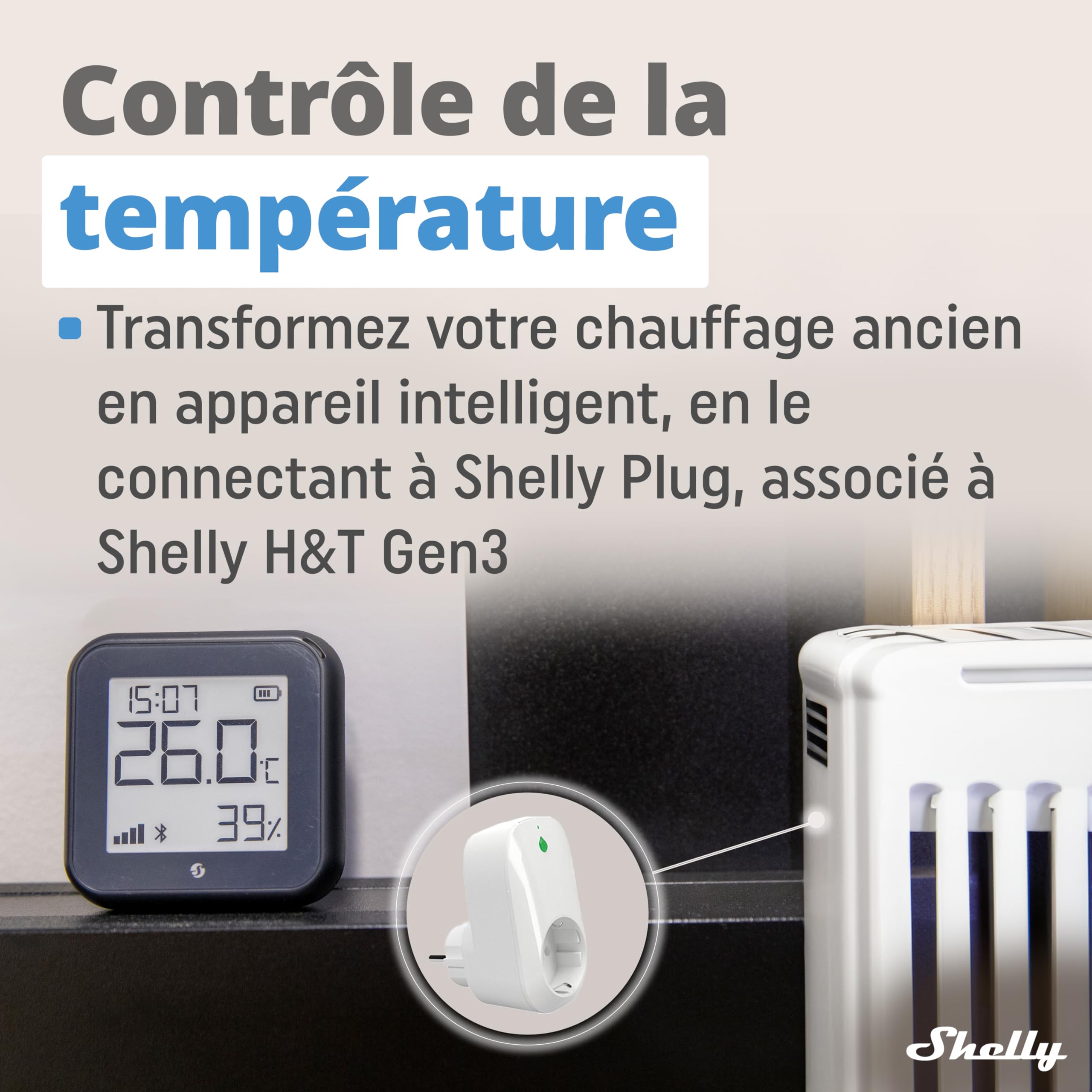 Shelly H&T Gen3 Noir Capteur de température et d'humidité connecté Wi-Fi Thermomètre Hygromètre intérieur extérieur Écran eink Horloge digitale