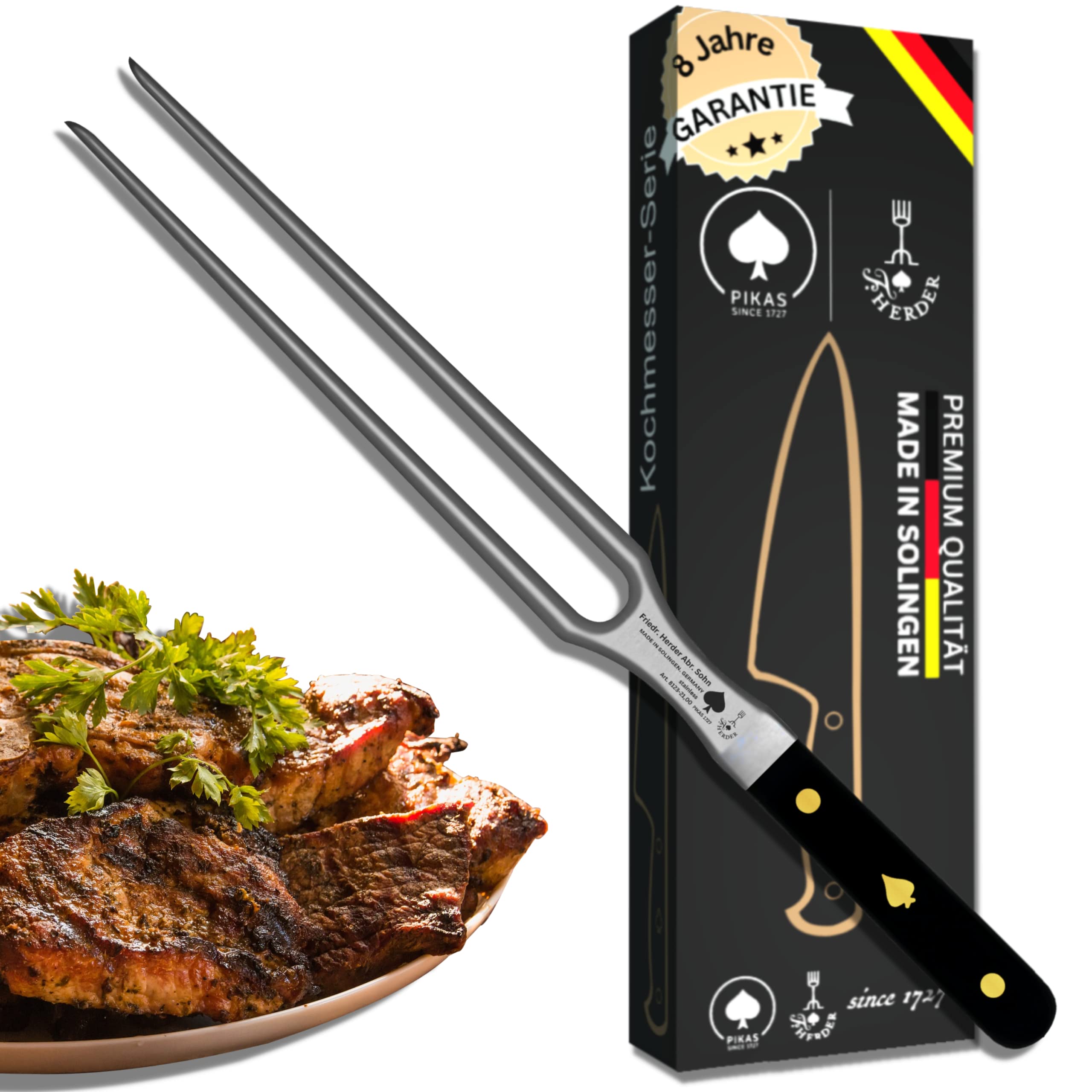 Fleischgabel Premium aus Solingen, Extrascharf, Rostfrei, Gabellänge 21 cm – Grillgabel, Fleisch und Grillgut, Spülmaschinengeeignet, Deutschland