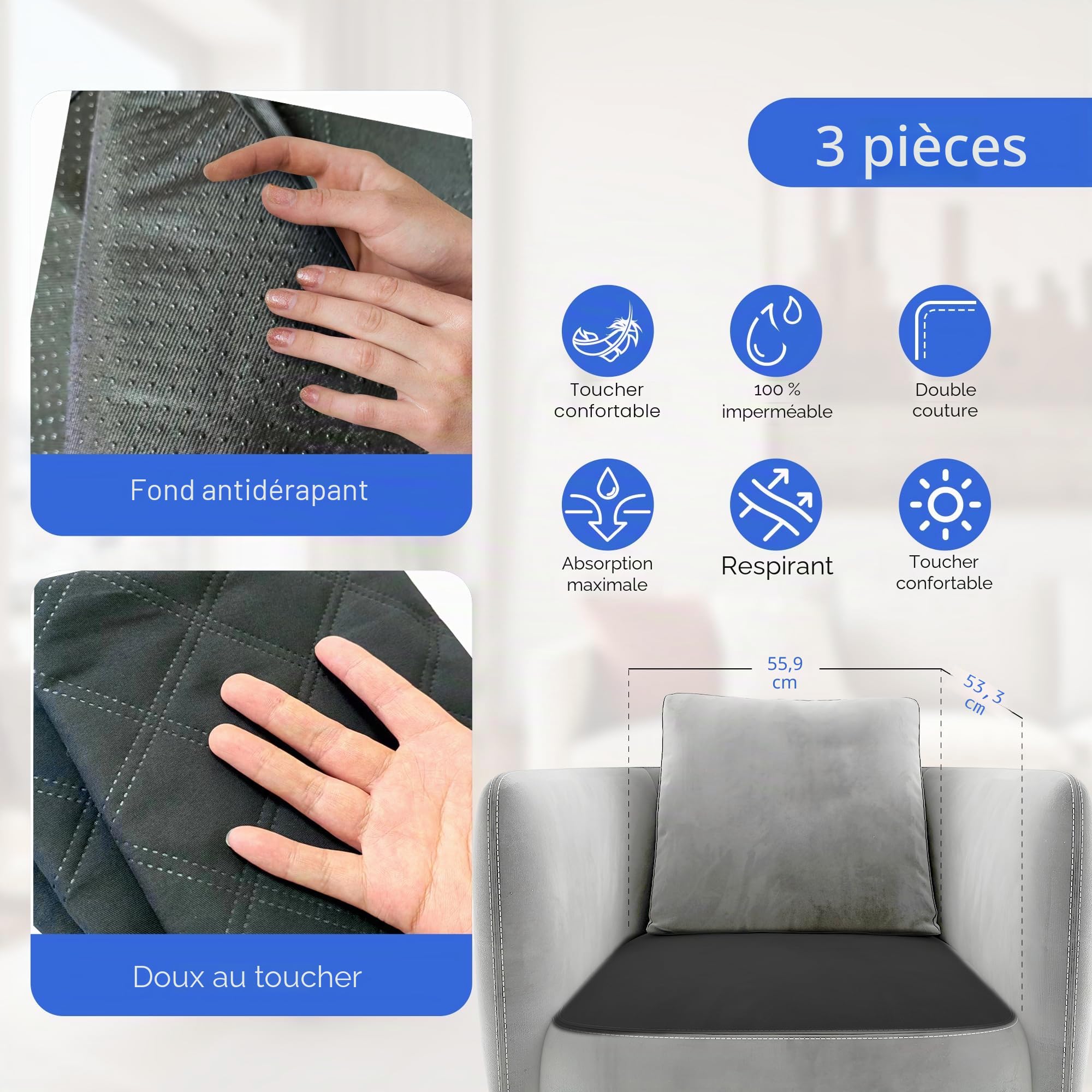 Lot de 3 Coussins de Chaise Imperméables Coussinets Incontinence 54 x 56 cm Absorbant l'incontinence - avec Dos antidérapant - Lavable - pour bébé