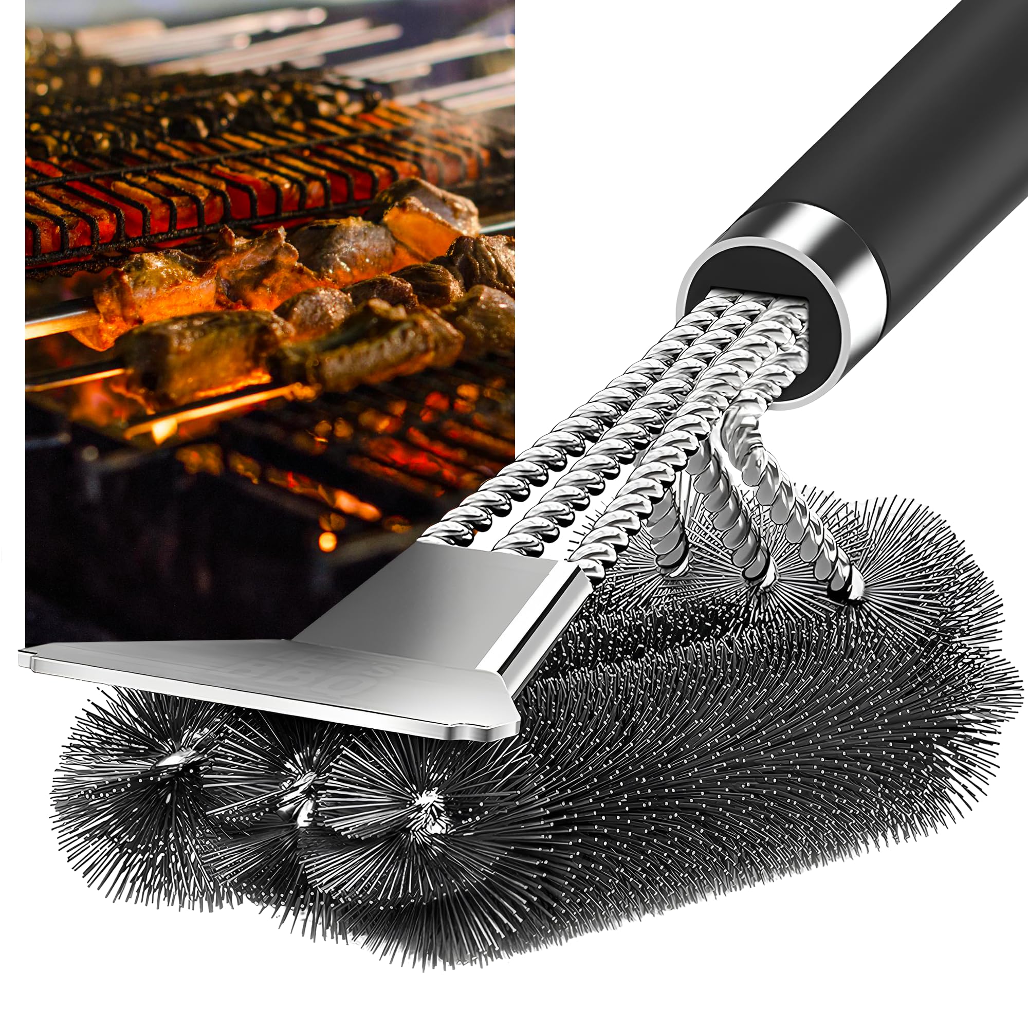 Fusion Food BBQ Cleaning Brush & Scraper - 44cm Long Heavy Duty Non Slip Ergonomic Handle Stainless Steel Helix & Scrapper - Perfect for Keeping your Charcoal BBQ and Barbecue Grill Spotless