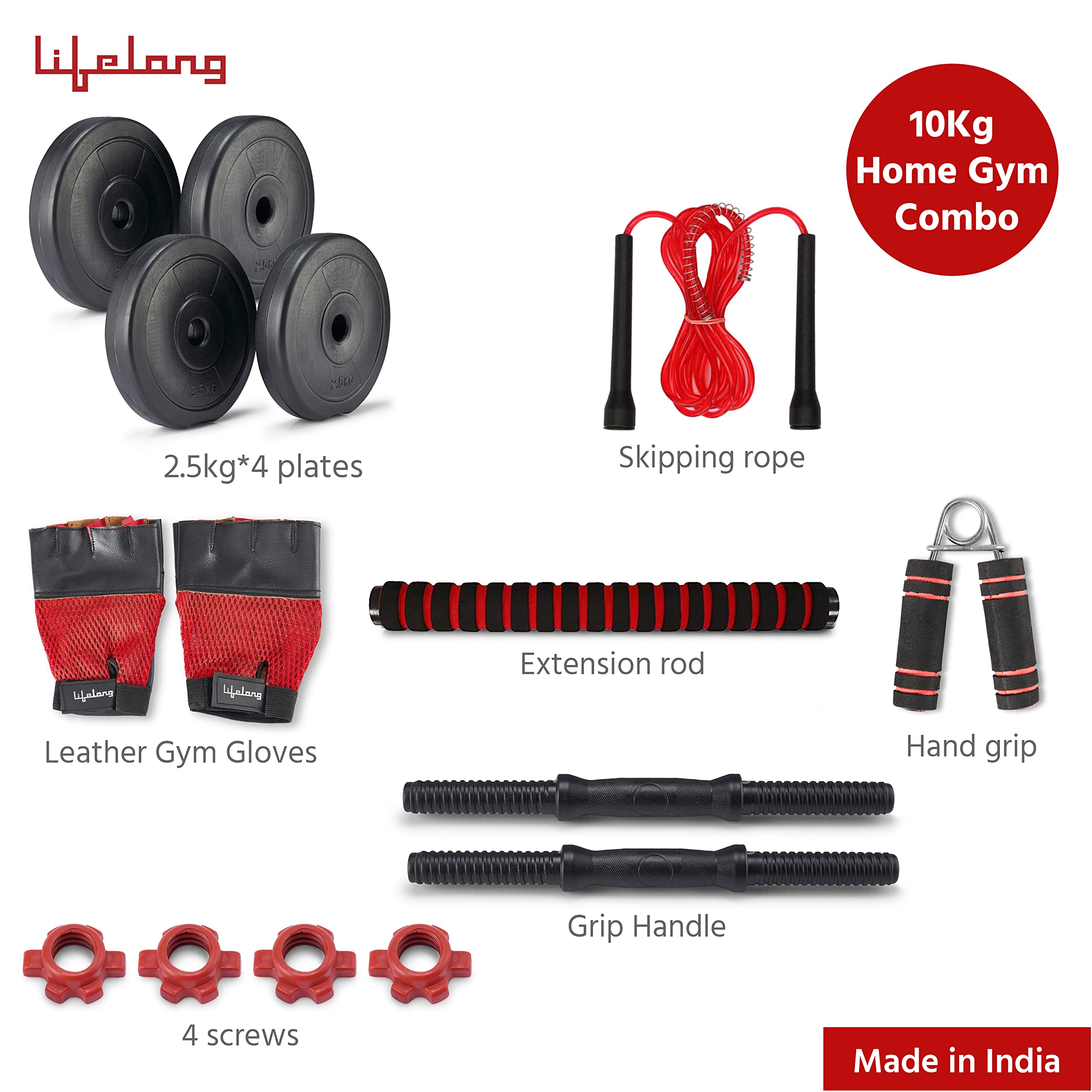 Lifelong LLPVCHGC04 PVC Home Gym Set 10kg Plate with Extension Barbell Rod and Dumbbells Rods with Gym Accessories for Home Workouts ( Black , 6 Months Manufacturer's Warranty) 1