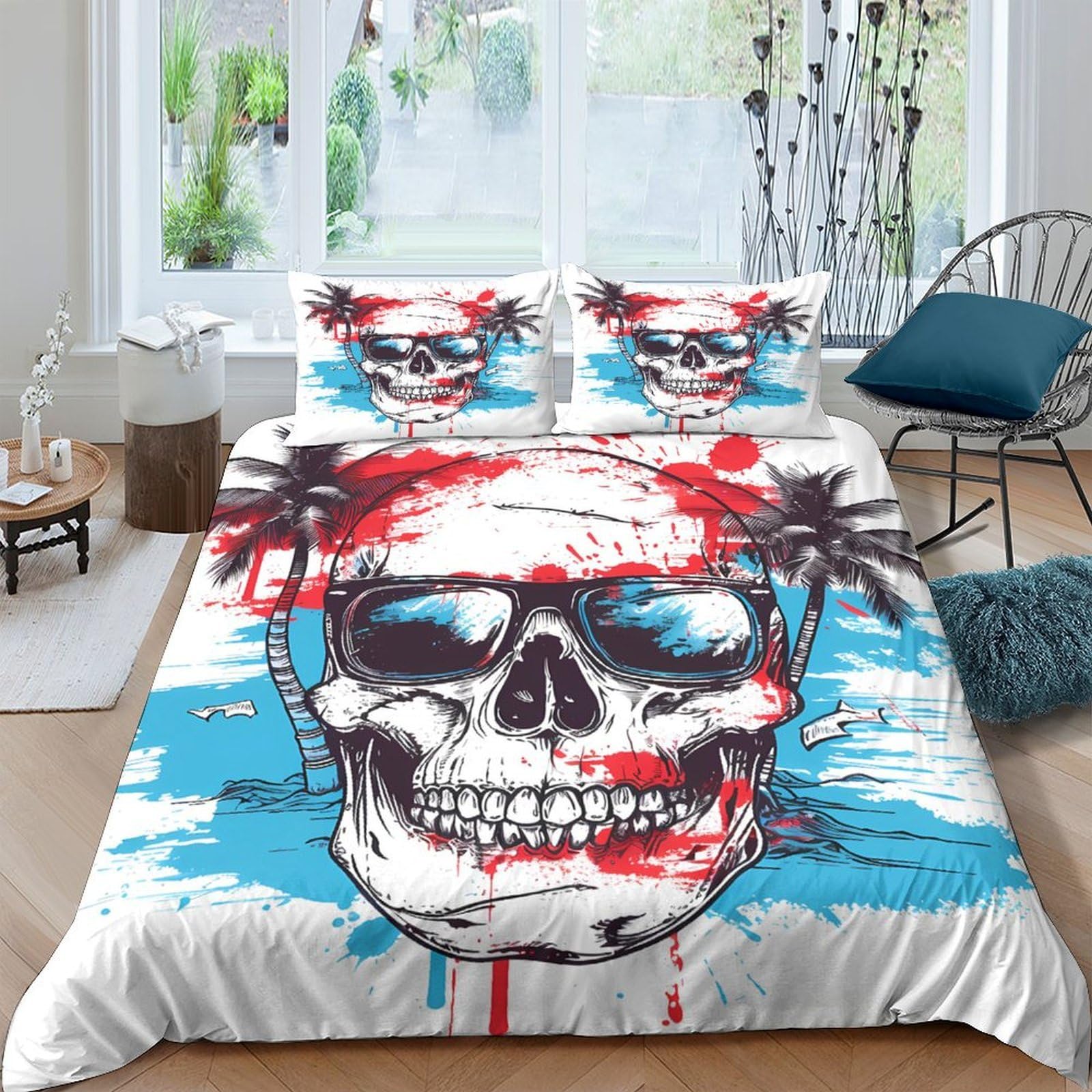 Ctjqhvkz Style-3 3D Printed Skull Graffiti Fitted Sheet Microfiber Soft Breathable Red Blue Bed Cover For Bedroom Dorm Decor Protection Single（135X200cm）