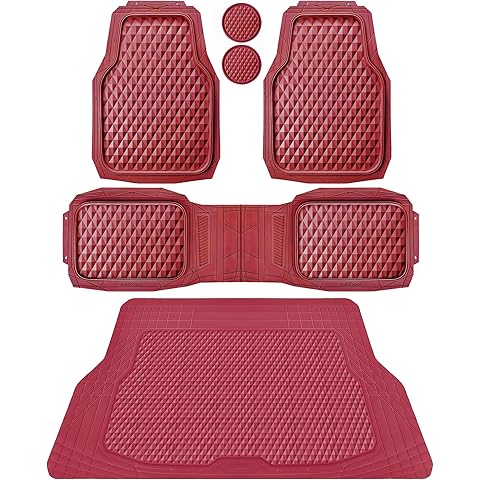 CAR PASS Heavy Duty Rubber Red Car Floor Mats & Cargo Liners, Deep Dish All-Weather Trunk Mats Durable Anti-Slip 3D Rhombus Waterproof Trim to Fit Liner Universal Fit Auto,Sedan,SUV,Truck, Burgundy