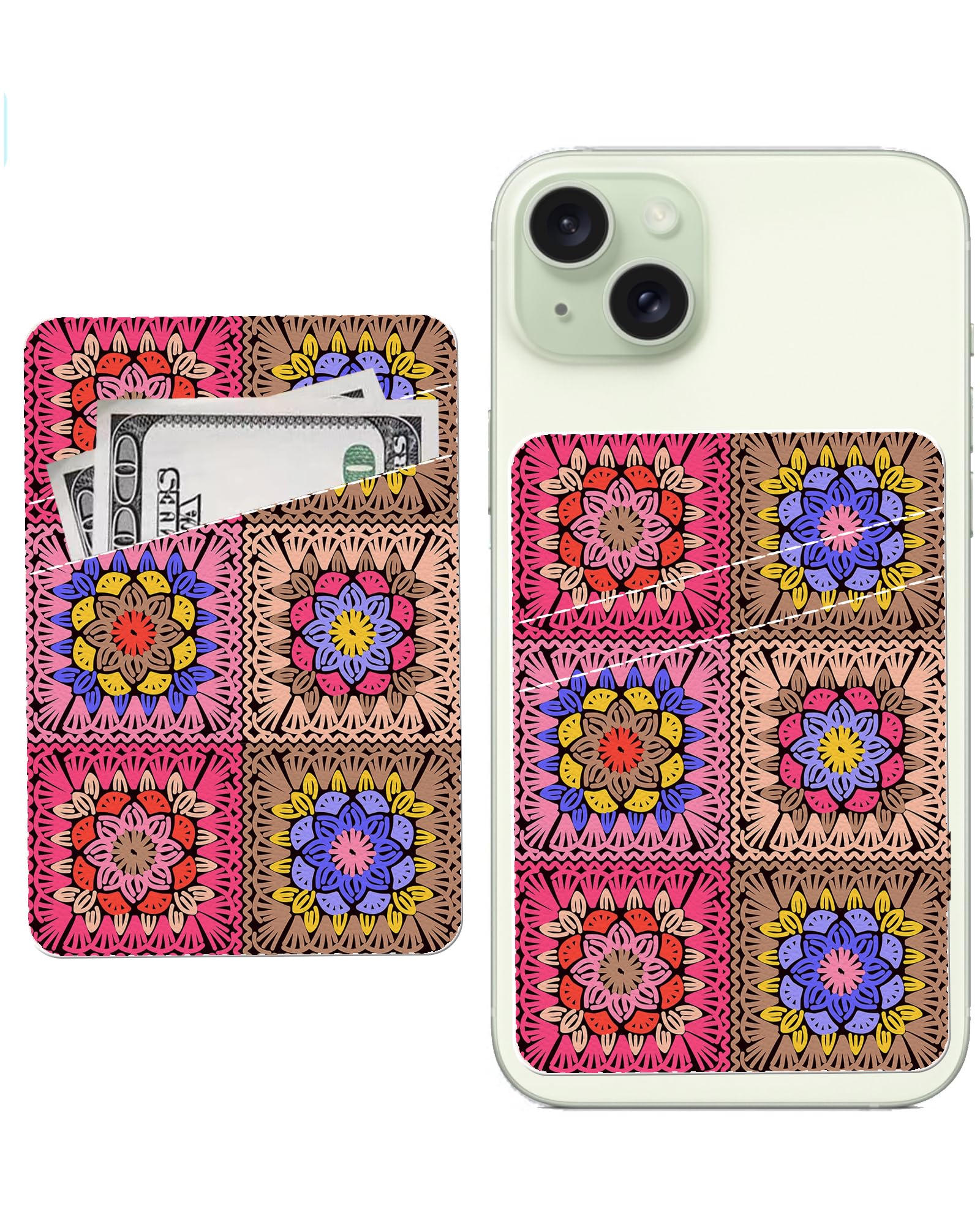 AWHSCP Leather Phone Wallet, Dual Pocket Credit Card Sticky Wallet, Compatible Cell Phone, Cute Boho Figure