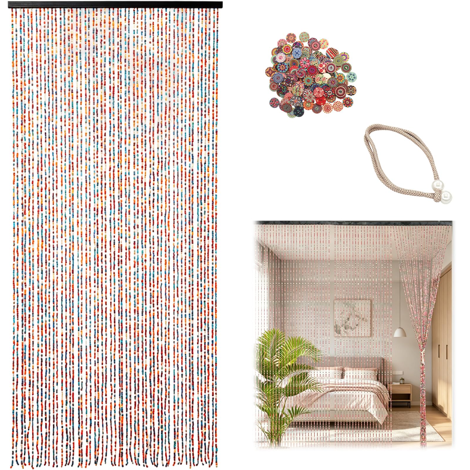 Rideau de porte en perles de bambou 90 x 200 cm, 52 brins pour portes | Rideau de porte rétro fait à la main pour fenêtres, portes, chambres comme rideau de décoration et moustiquaire