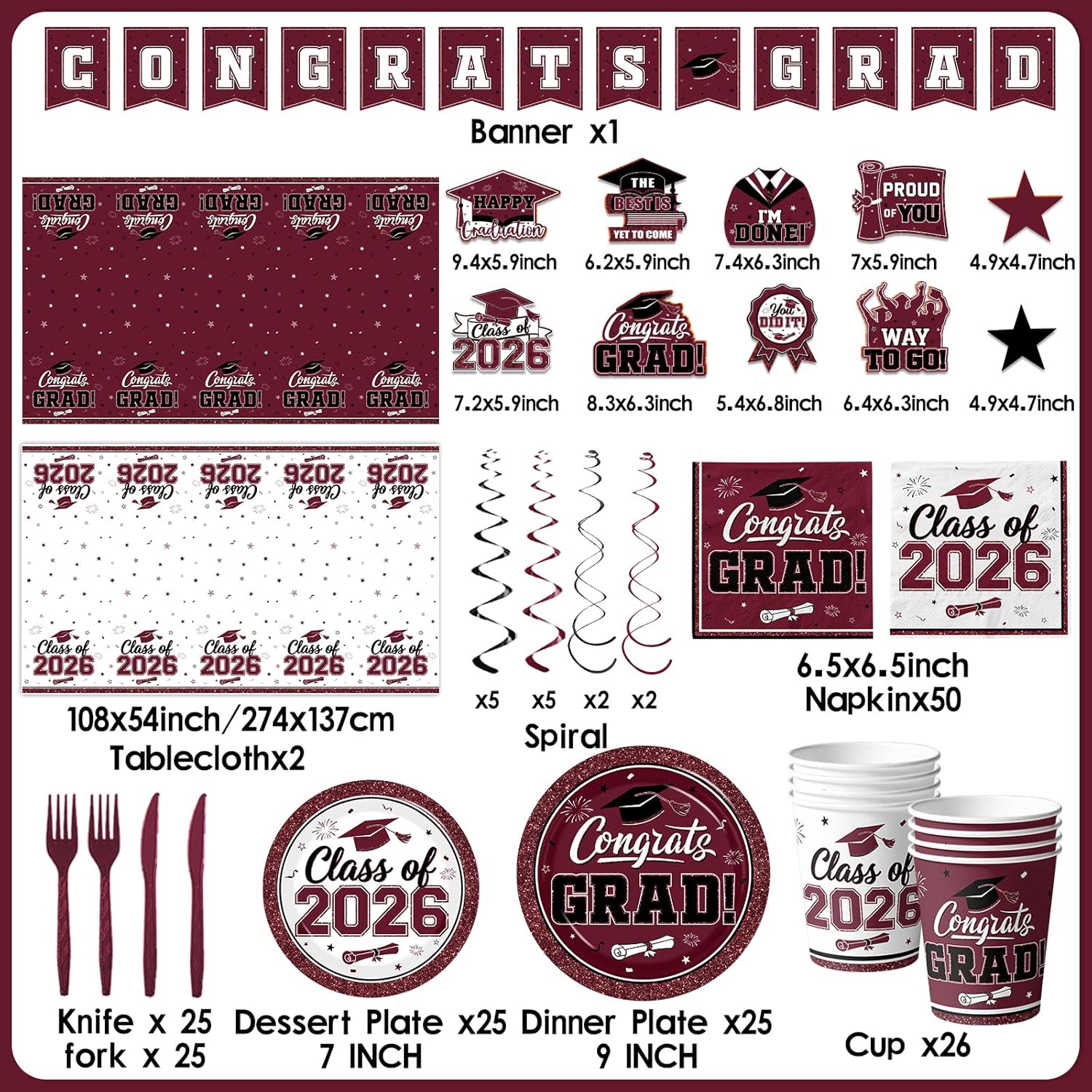 2026 Graduation Decorations Tableware,Maroon White Graduation Plates and Napkins,Class of 2026 Congrats Grad Party Supplies Disposable Tablecloth Cup Knife Fork for Graduation Party Decor,Serve 25