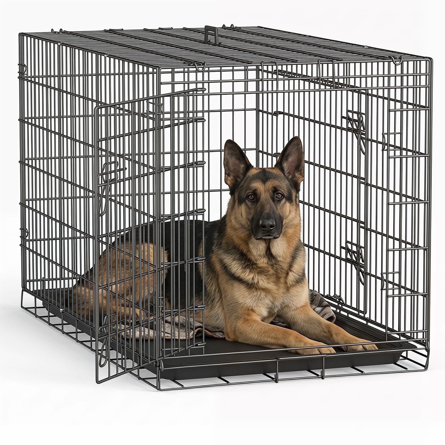 FDW Extra Large Dog Crate Dog Kennel Cage with Double Door,48 inch Folding Metal Wire Dog Cage with Removable Tray&Divider Panel,Pet Crate for Large Dogs,Black