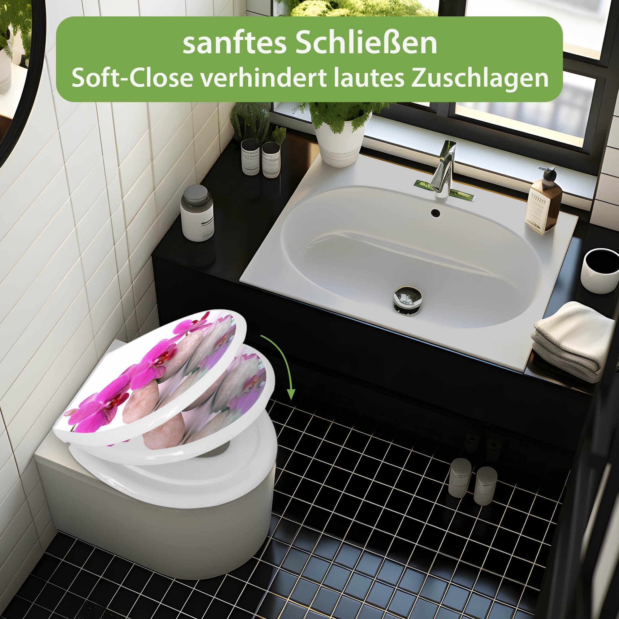 banjado Familien WC Sitz mit Absenkautomatik 44,9x37,1cm - Klobrille mit Kindersitz aus hochwertigem Polypropylen - Toilettendeckel mit Kinder Toilettensitz integriert - Motiv Orchidee