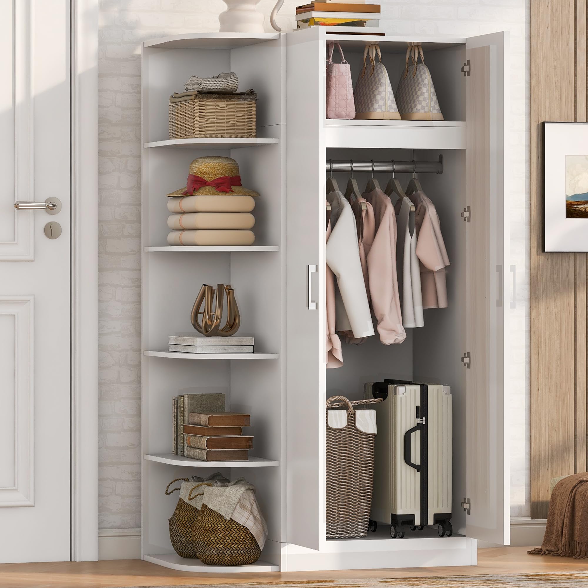 2-türig Kleiderschrank mit Regalböden und Schubladen, Zweitüriger Schrank Garderobenschrank Mehrzweckschrank für Schlafzimmer, Kinderzimmer Flur & Büro, Weiß, 90x55x170 cm