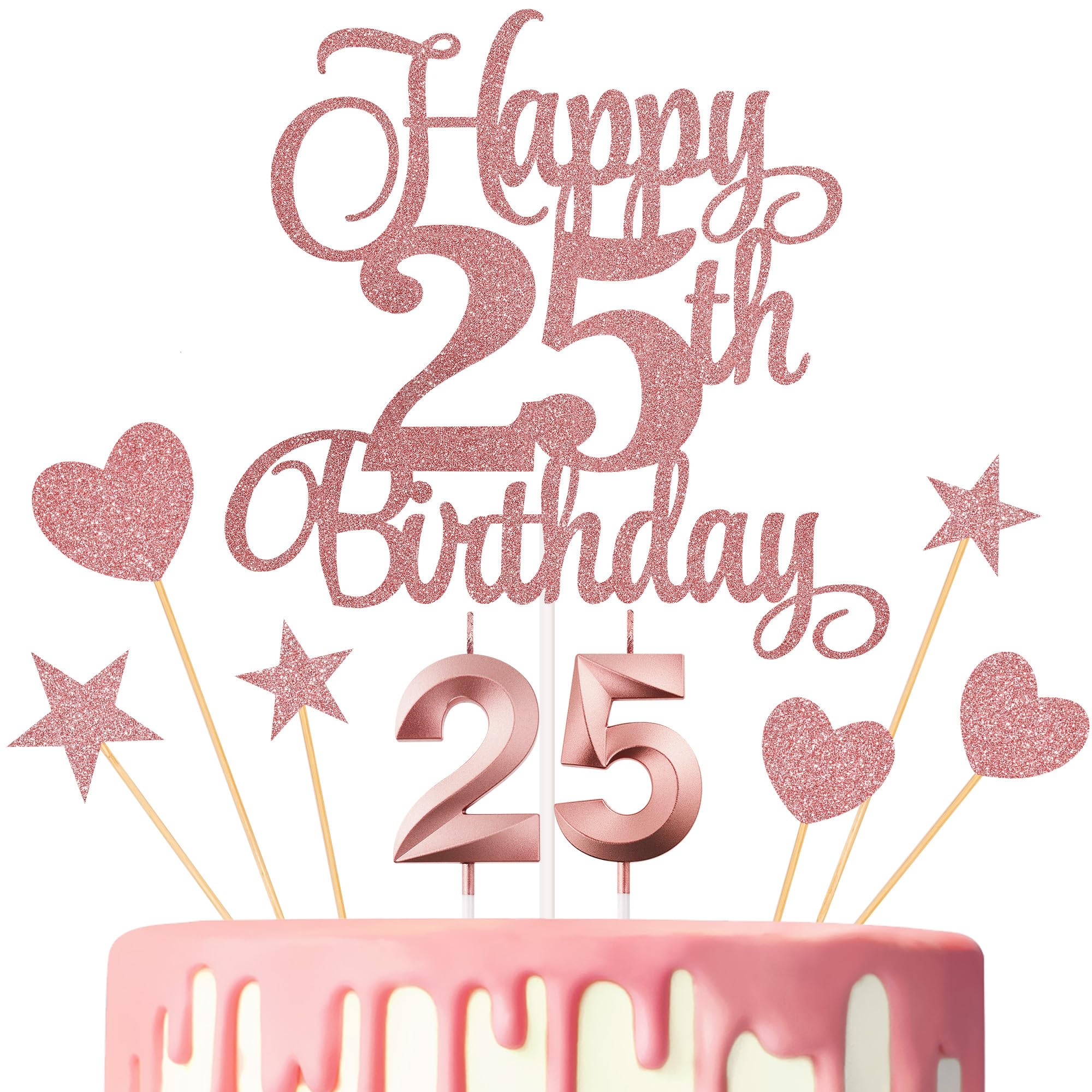 25th Birthday Cake Decorations, 25th Birthday Candles Cake Numeral Candles and Glitter Happy 25th Birthday Cake Toppers Set for Birthday Party