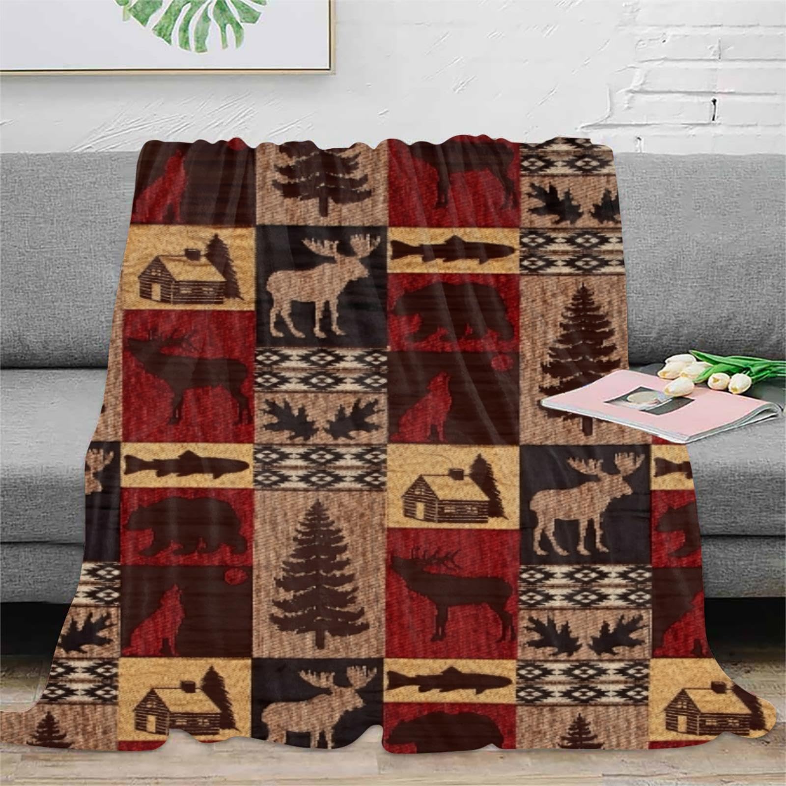 Bear Rustic Cabin Moose Blanket Soft Flannel Farmhouse Throw Blanket Gifts for Adults Cozy Blanket for Red Black Check Farmhouse Art All Season Couch Bed Sofa Home Decor, 50"x60"