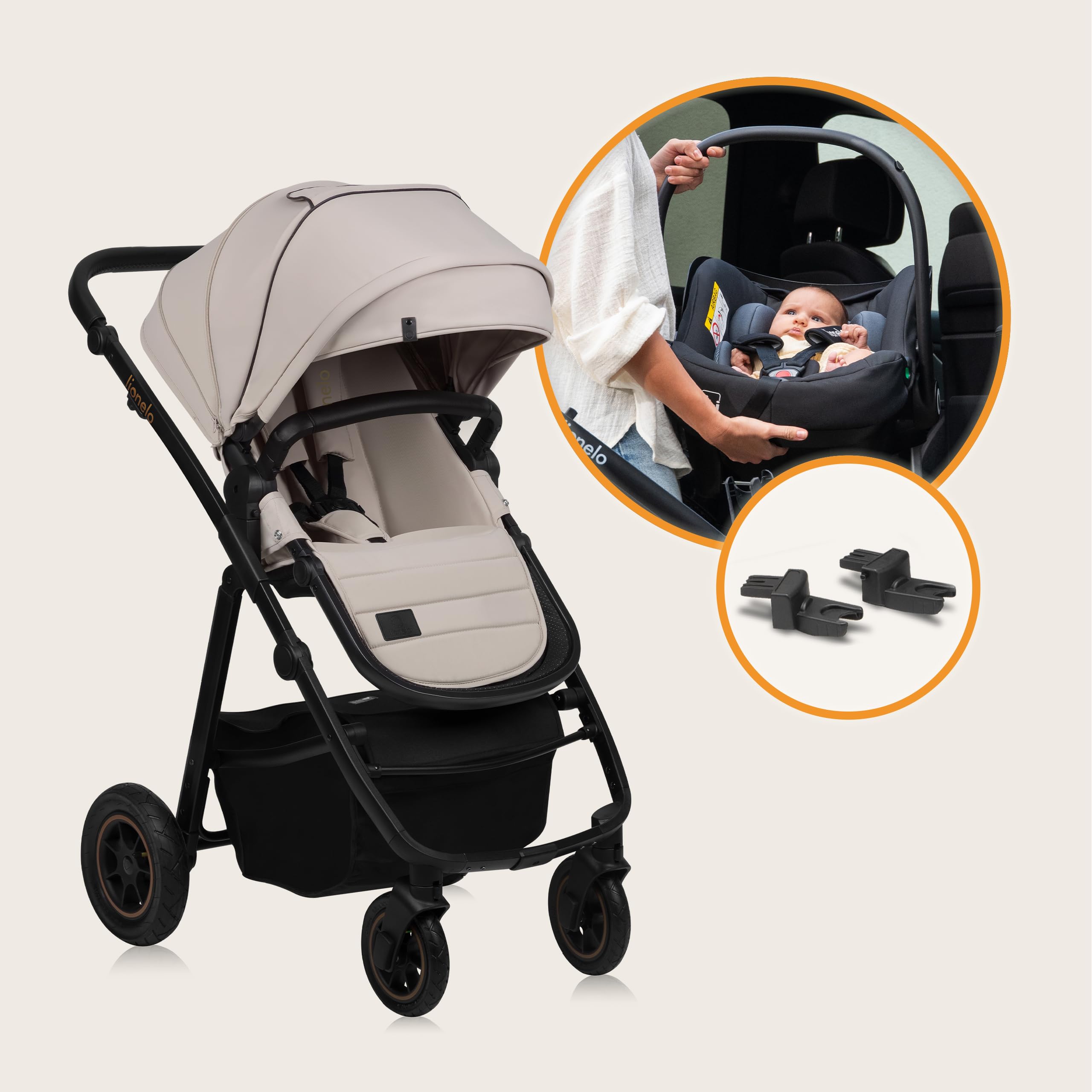 LIONELO AMBER PLUS 2 w 1 Spacerowy Wózek Dziecięcy od 0 do 4 lat do 22kg z Gondolą XL, Regulacja Oparcia, 5 Punktowe Pasy Duże Terenowe Koła 360o Budka XXL Amortyzacja Spacerówka