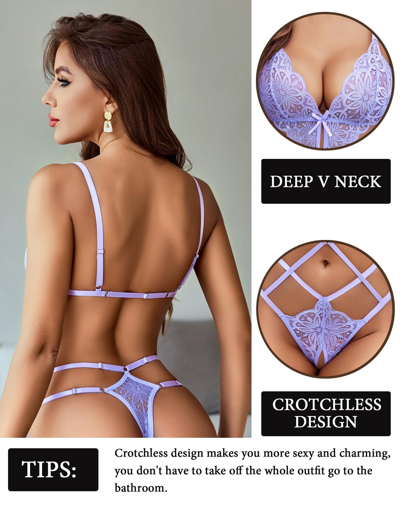 Avidlove Women Lingeries Deep V Teddy Lingerie Sexy Lace Bodysuit Cut Out One Piece Mini Babydoll: Lavender Small