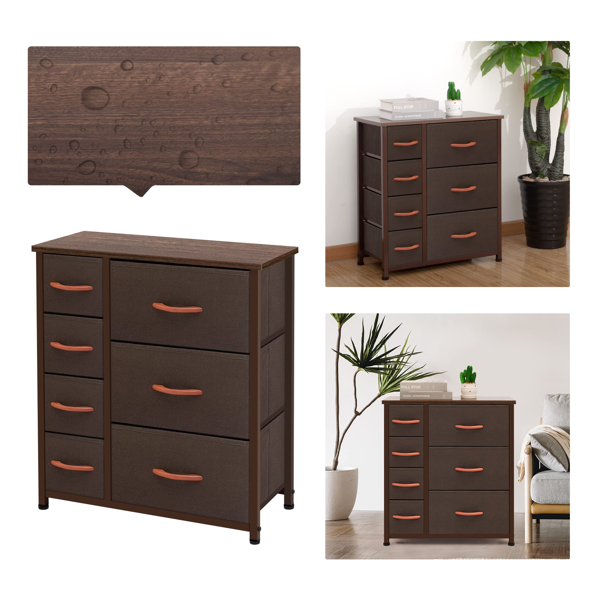 AZL1 Life Concept Vertical Dresser Storage Tower, Steel Frame, Wood Top, Easy Pull Fabric Bins-Organizer Unit for Bedroom, Hallway, Entryway, Closets-7 Drawers, Coffee