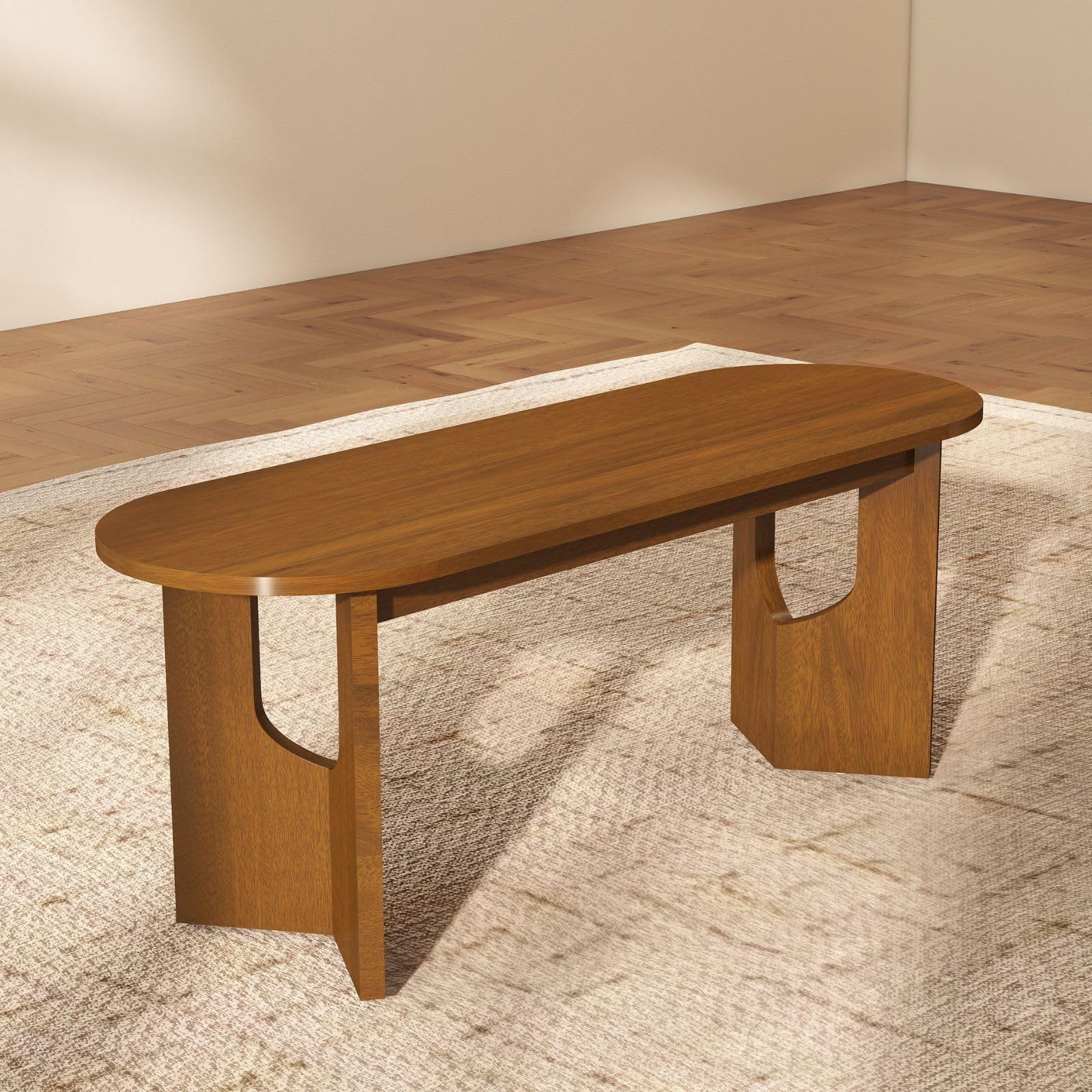 47.25" L Walnut Wood Oval Bench, Solid Wood Dining Bench with Wooden Legs for Dining Room, Restaurant, 1 Piece