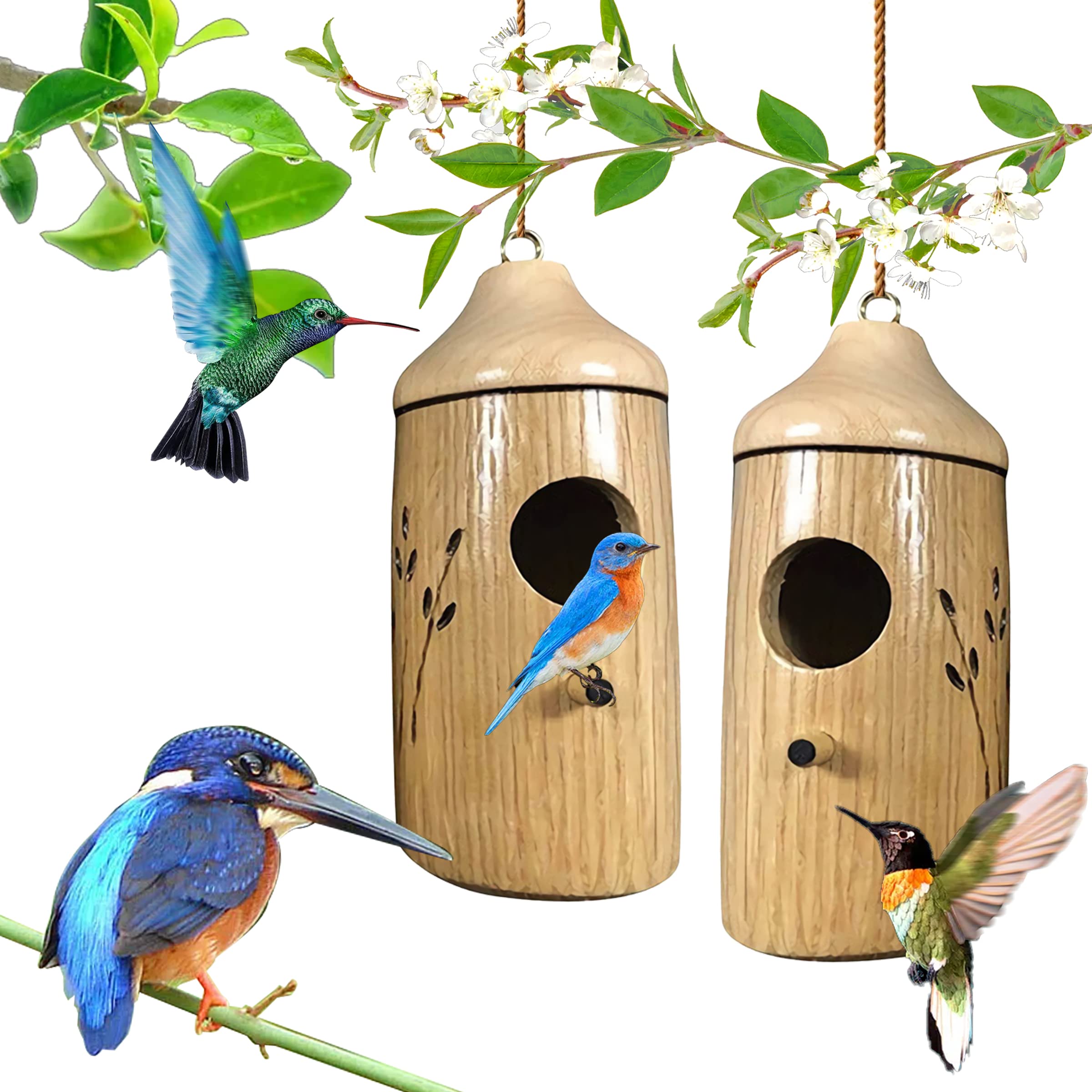 Hummingbird House 2022 New Wooden Bird House Pendant, Wren Swallow Sparrow Nesting Garden Decoration Hummingbird House Outside ... (1 Piece C) ...