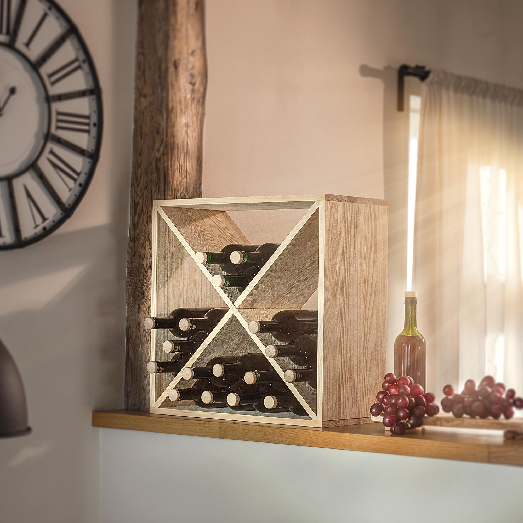 KADAX Cantinetta in legno per vino, 52 x 25,5 x 52 cm, grande scaffale per numerose bottiglie, supporto rustico, scaffale poco ingombrante, armadietto stabile
