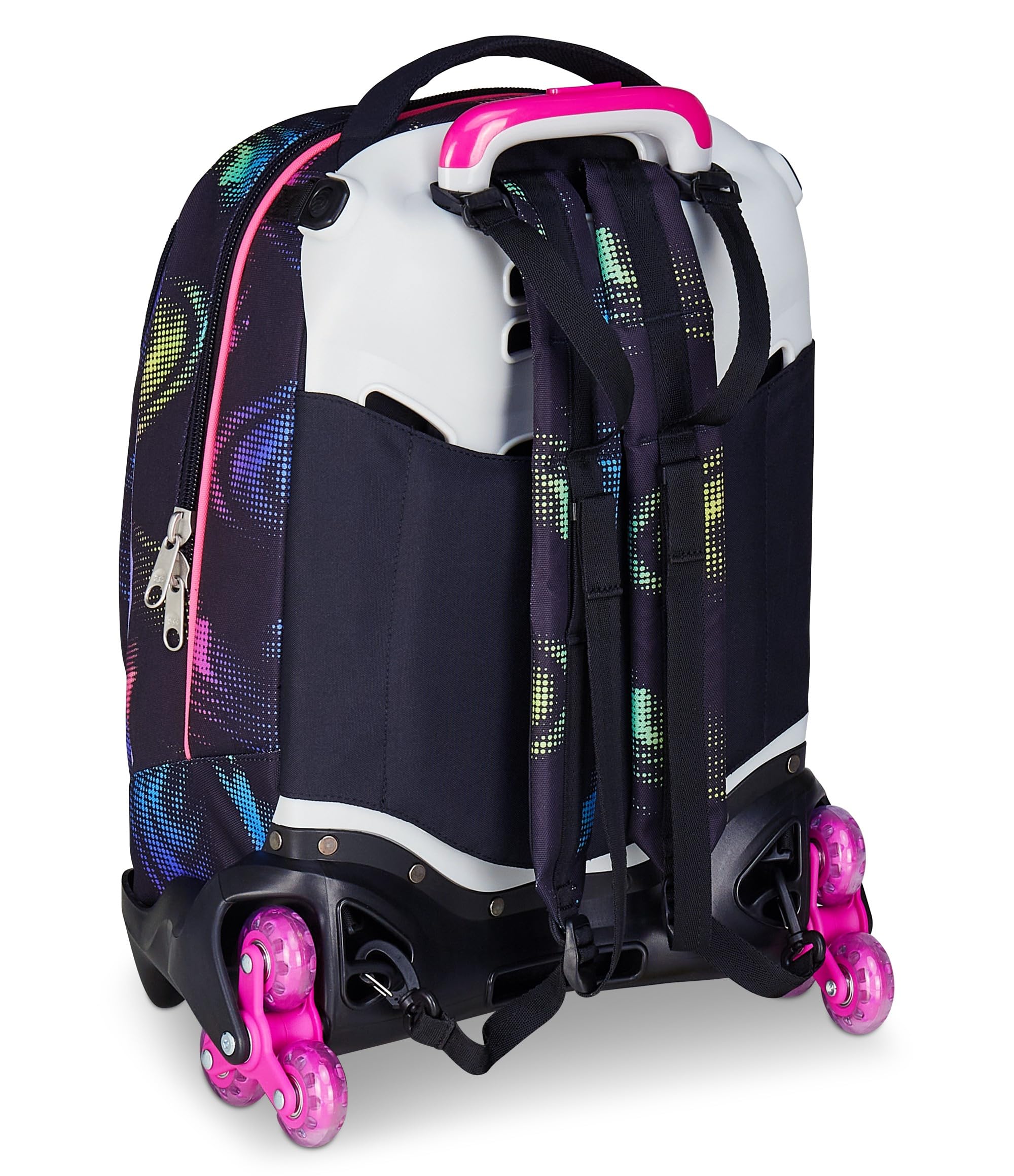 Seven Trolley Scuola Jack 3 Ruote, Nero Fucsia, Zaino Con Carrello Sganciabile Da 34 L, Tasca Borraccia e Crossover System, Maneggevole Resistente, Scuola Elementare e Media, Zaino Bambina