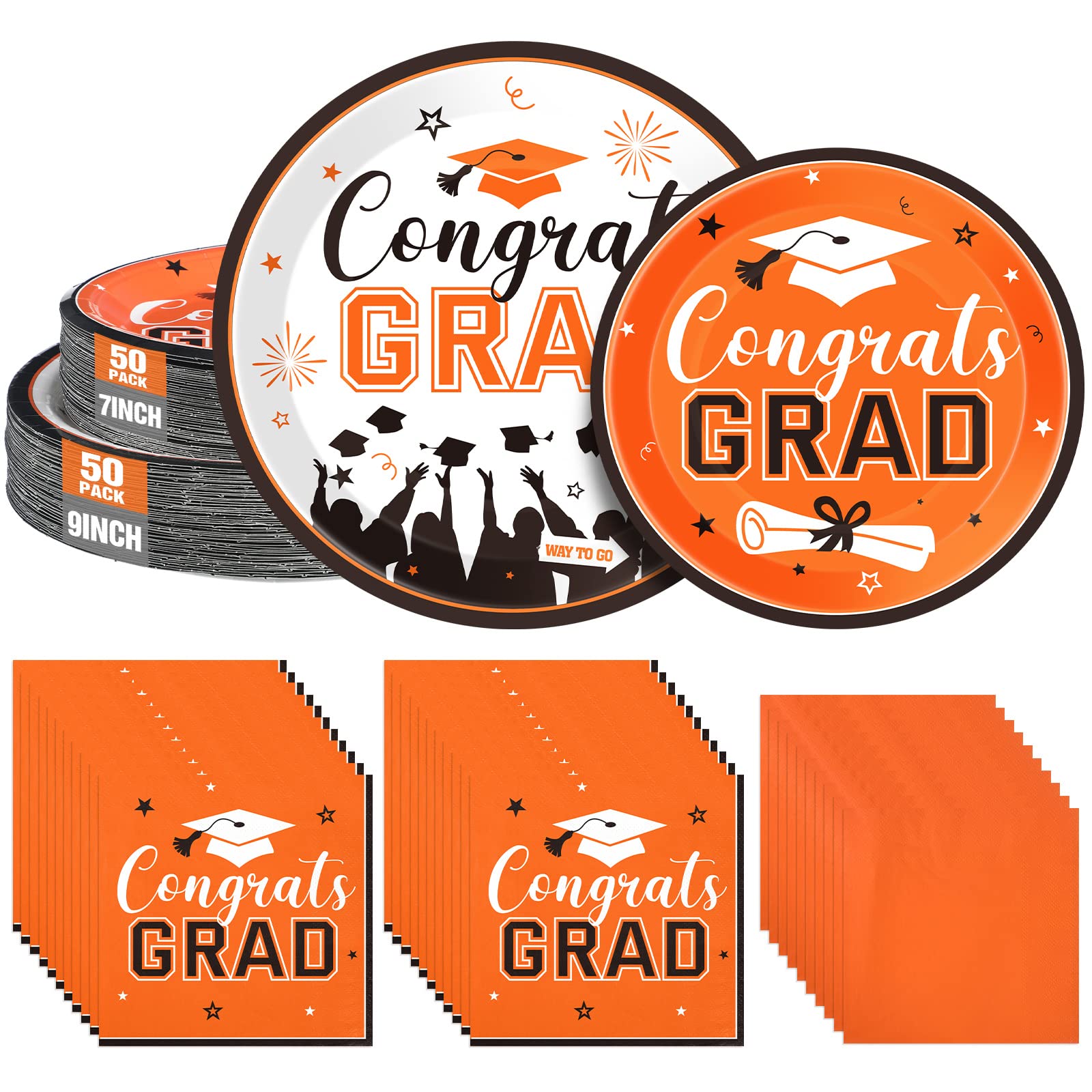 Tatuo 200 Pcs Graduation 2024 Plates and Napkins Set Serve for 50 Guests Congrats Grad Party Supplies Class of 2024 Paper Disposable Plates 9 Inch 7 Inch for School Home Celebration(Orange)