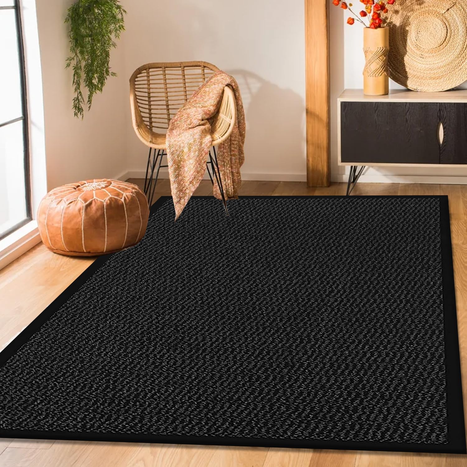 B&B Heavy Duty Rubber Area Rug Indoor & Outdoor Non Slip Small Large Rubber Backing Rugs - Washable Kitchen Carpet Mats for front Door Bedroom Dining Room (120 x 150 cm, Black)