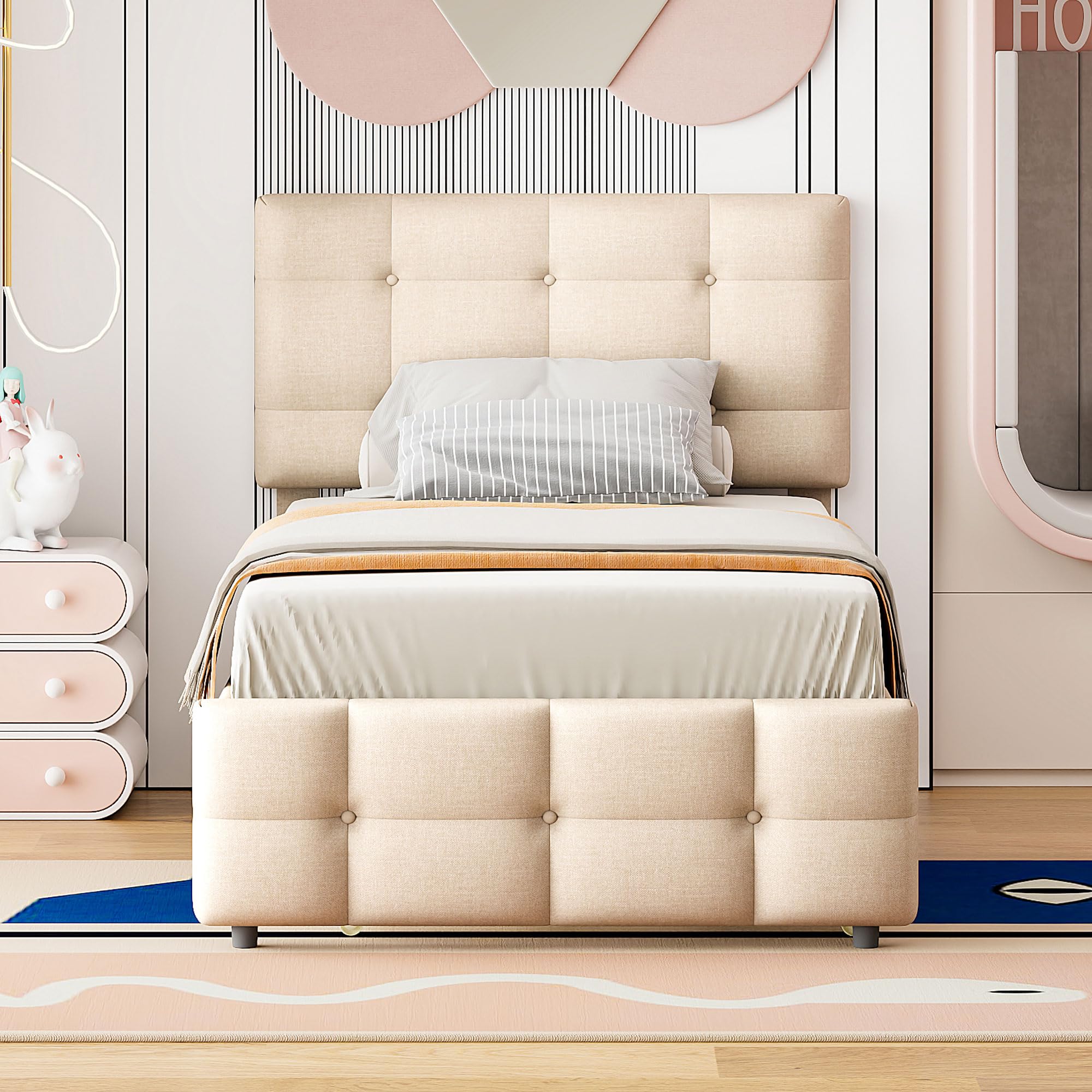 Lettino imbottito 90 x 200 cm, letto estraibile per bambini, testiera regolabile, imbottitura in lino delicato sulla pelle, letto singolo piatto, letto per ragazzi (beige) (beige)