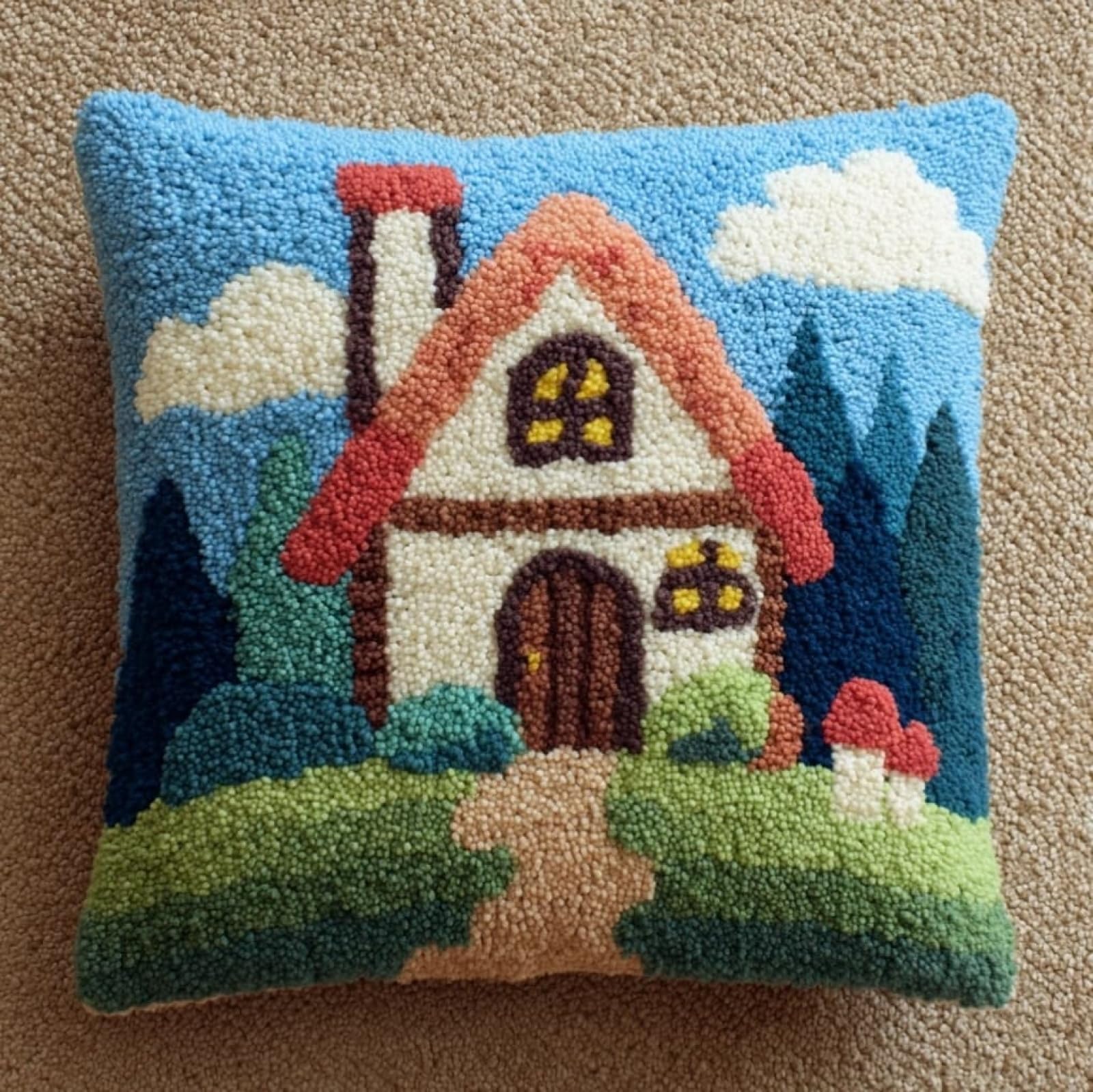 AxiangziK 43x43cm Latch Hook Cushion Making Kit,Cartoon House DIY Latch Hook Pillow Cover kit,Soft Yarn Pillow Set,Ideal Creative Gift for Adults