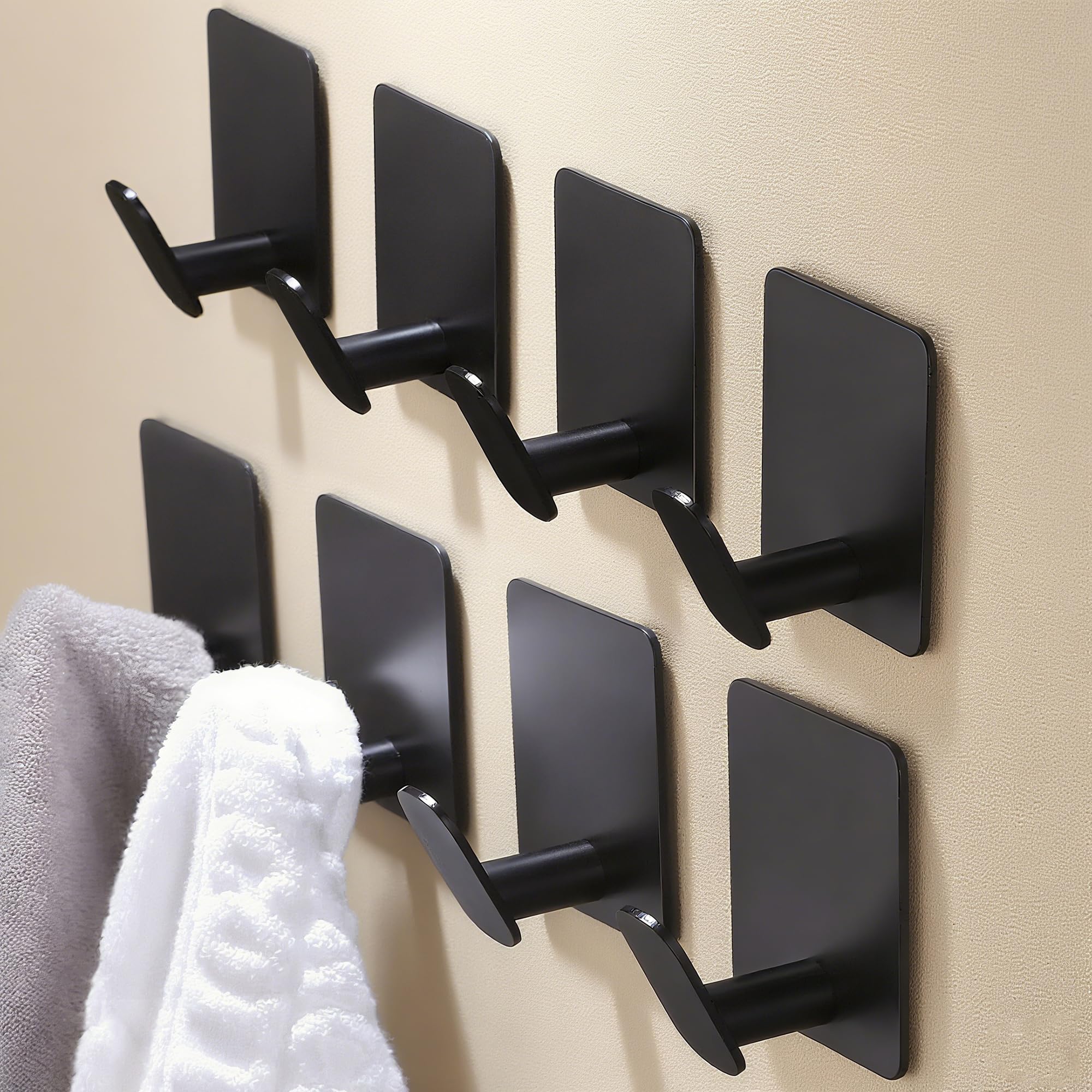 DELITON 8 Pack Adhesive Towel Hooks - Bathroom Towel Hooks/Wall Hooks for Hanging Coat Robe Stick on Bathroom or Kitchen Matte Black Stainless Steel