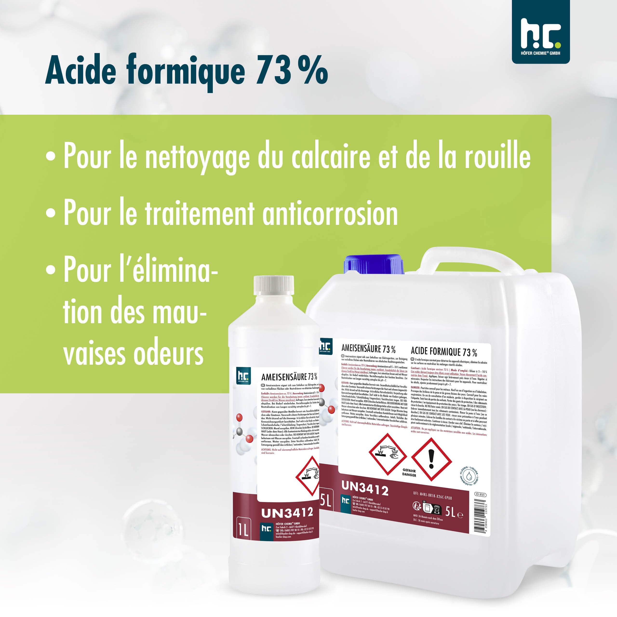 Höfer Chemie Acide Formique 73% - 1 x 1 L - Qualité Technique | Détartrant Anticalcaire pour Surfaces et Machines - Détartrage Ultra Puissant - Action Rapide sur le Calcaire