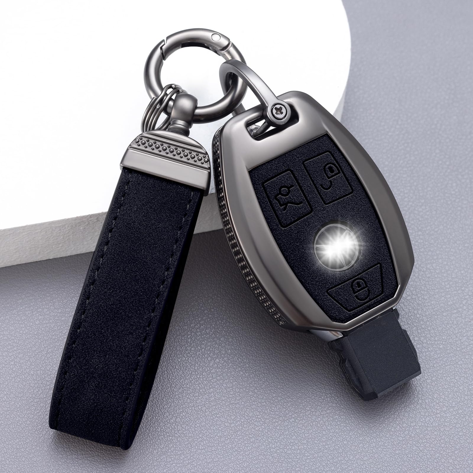 Compatible with Mercedes Benz Key Fob Cover with Keychain Leather Key Case Protector for Mercedes Benz A B C E G K R S Class AMG Smart Remote Key (Model2, Black)