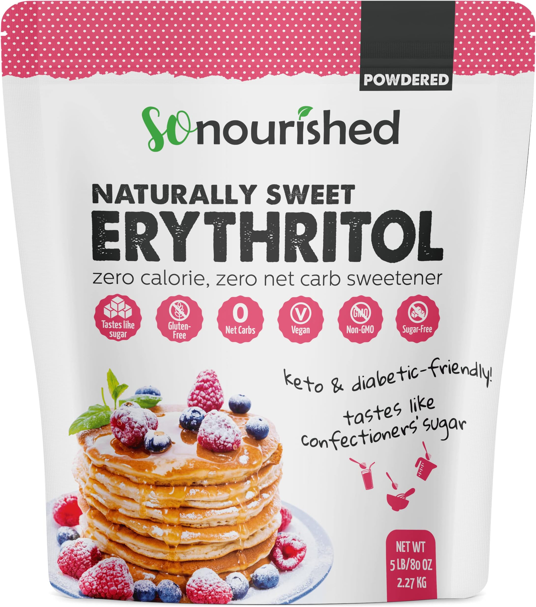 So Nourished Powdered Erythritol Sweetener - 1:1 Sugar Substitute, Keto - 0 Calorie, 0 Net Carb, Non-GMO (5 lbs / 80 oz)