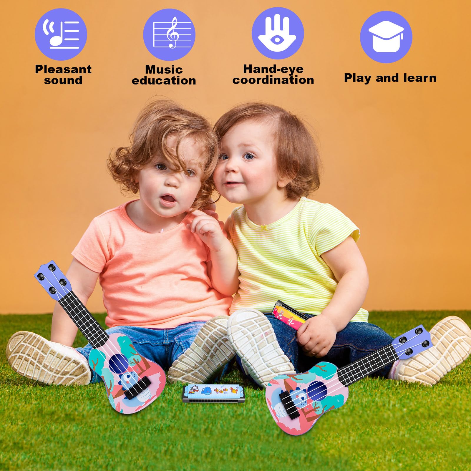 Mini guitarra de juguete musical de 10 pulgadas, ukelele clásico para niños pequeños con 2 mini armónica extra, 16 agujeros y 2 recuerdos de fiesta para niños (dinosaurio) 4