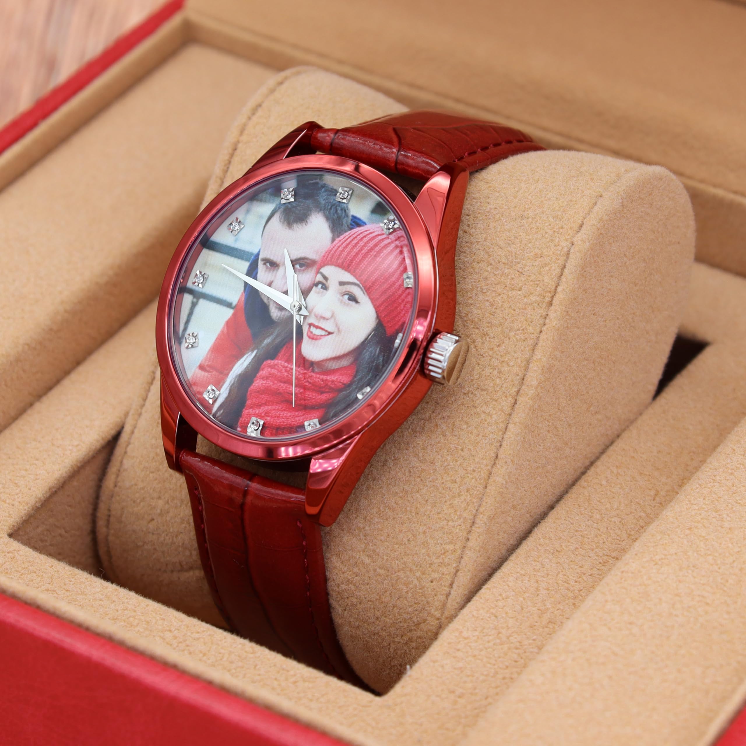 Reloj de pulsera con foto personalizado, hecho de material de aleación y correa de cuero. Tiene función impermeable. Adecuado como regalo para tu novio o padre.