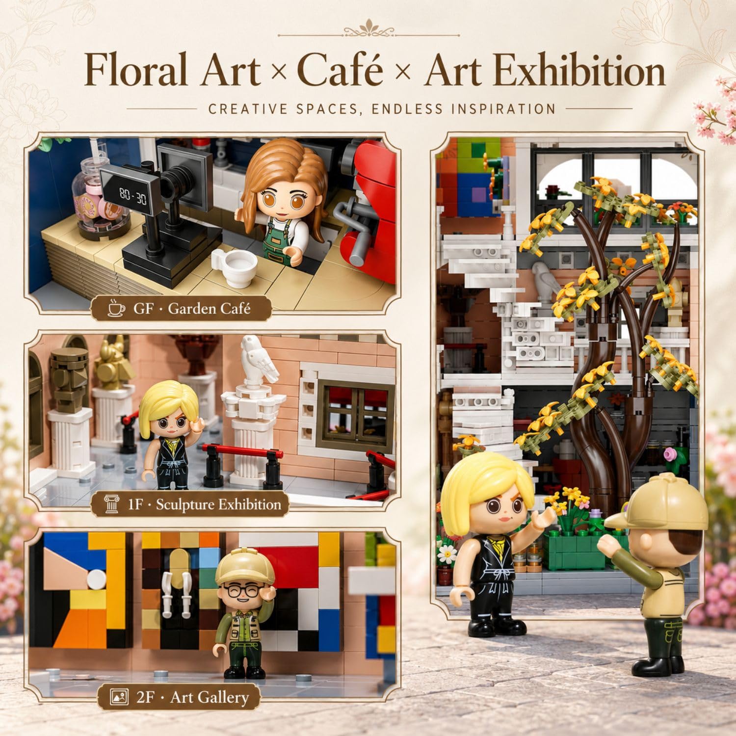 PANTASY Blossom Café Modular Building Set, 3-piętrowa europejska oranżeria z kawiarnią, galerią sztuki i kwiatowym atrium, kolekcjonerski zestaw architektoniczny dla dorosłych kreatywne klocki