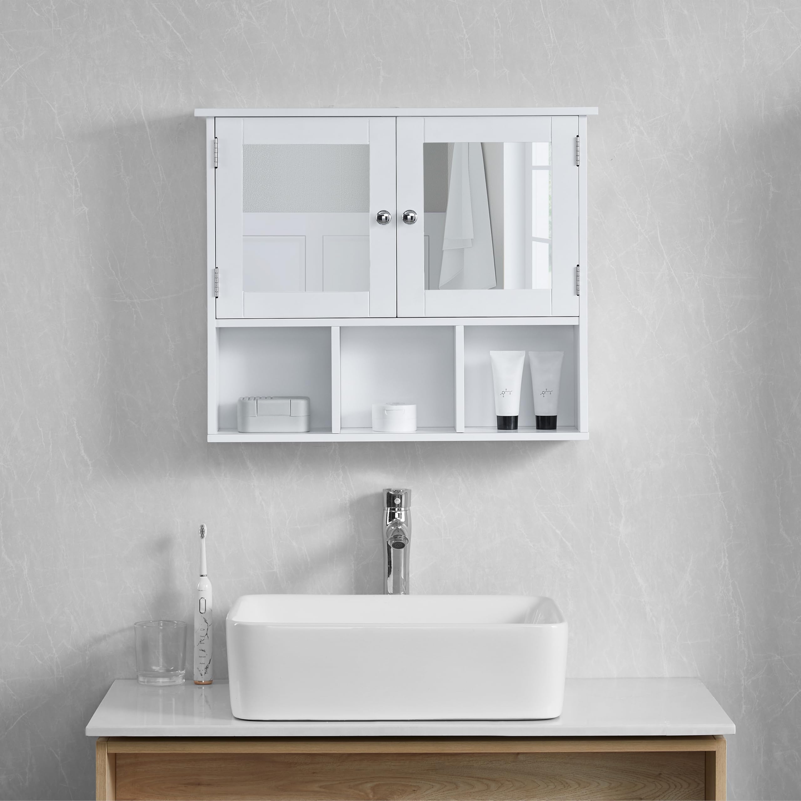 Home Discount Milano Estantes de Almacenamiento de Armario de baño con Espejo montado en la Pared, Doble Puerta, Color Blanco