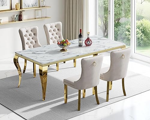 Miniatura 43 de Juego de mesa de comedor de mármol sintético, 7 piezas, juego de mesa de cocina y comedor para 6, mesa de comedor rectangular blanca de 70 pulgadas