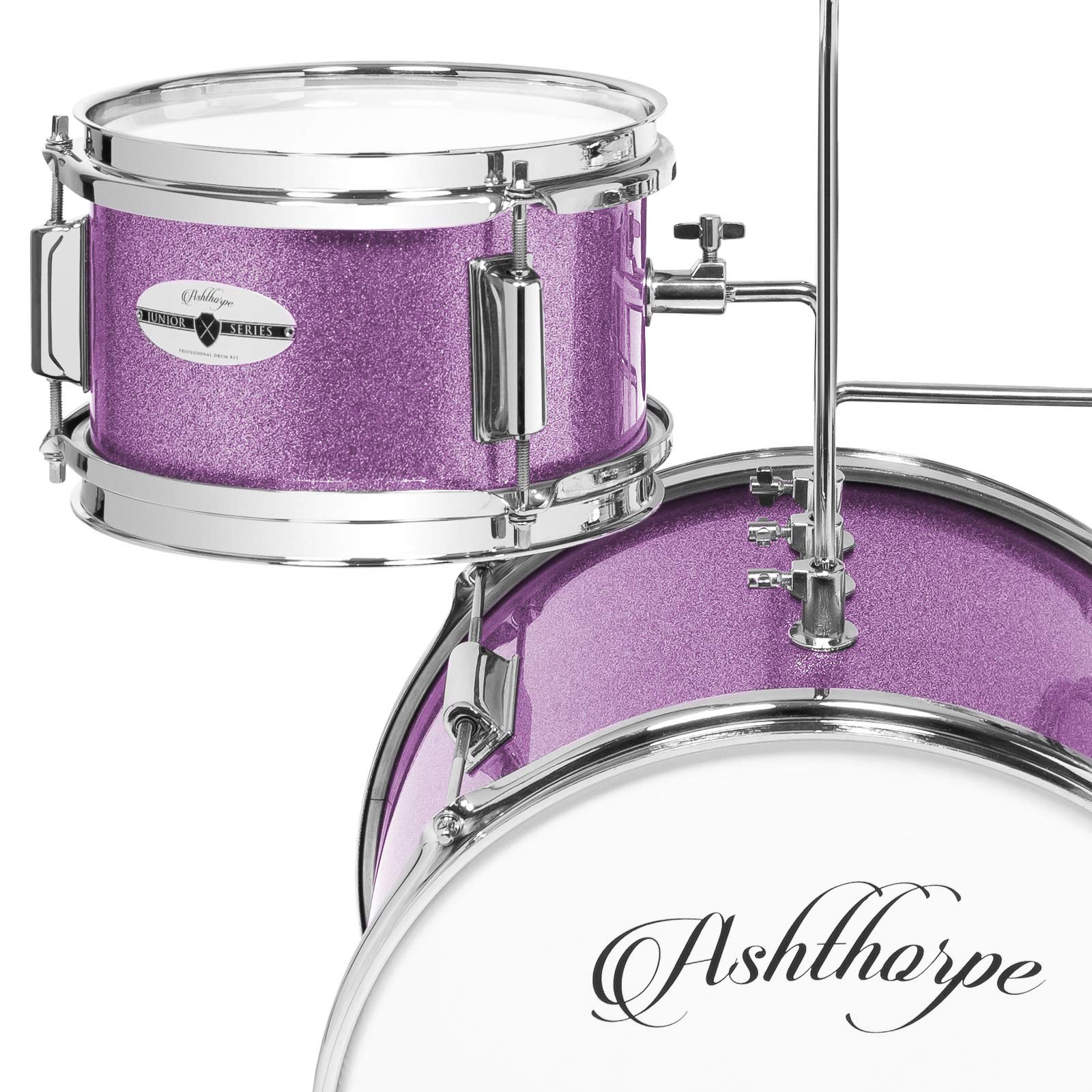 Ashthorpe 3-teiliges komplettes Schlagzeug-Set - Anfänger-Kit mit 35,6 cm Bass, verstellbarem Thron, Becken, Pedal & Drumsticks - Lila