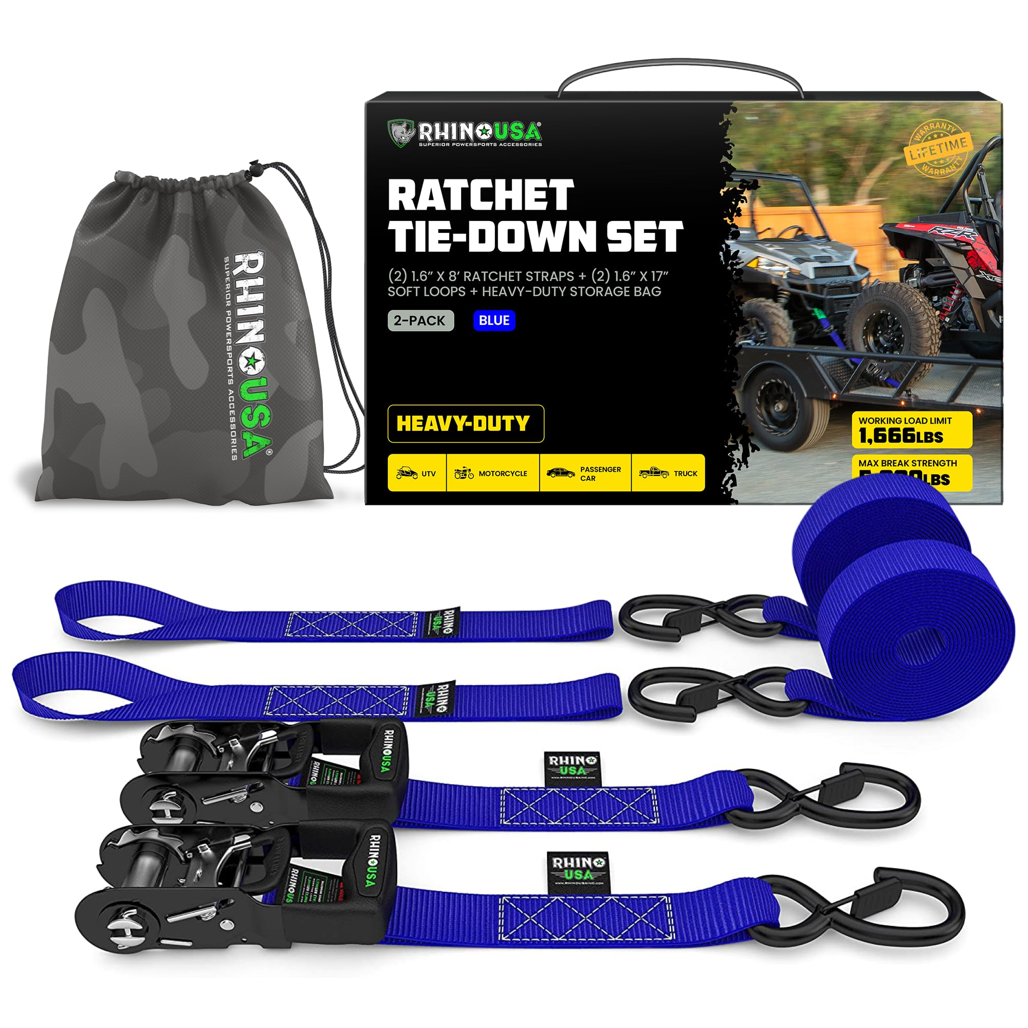 Rhino USA Ratchet Straps Heavy Duty Kit (2-Pack) - 1.6 Inch x 8 Feet Min Break Strength (5,000) - Ultimate Tie Down Straps with Safety S Hooks for Trucks, ATV, UTV, Motorcycle, Cargo & More - Blue