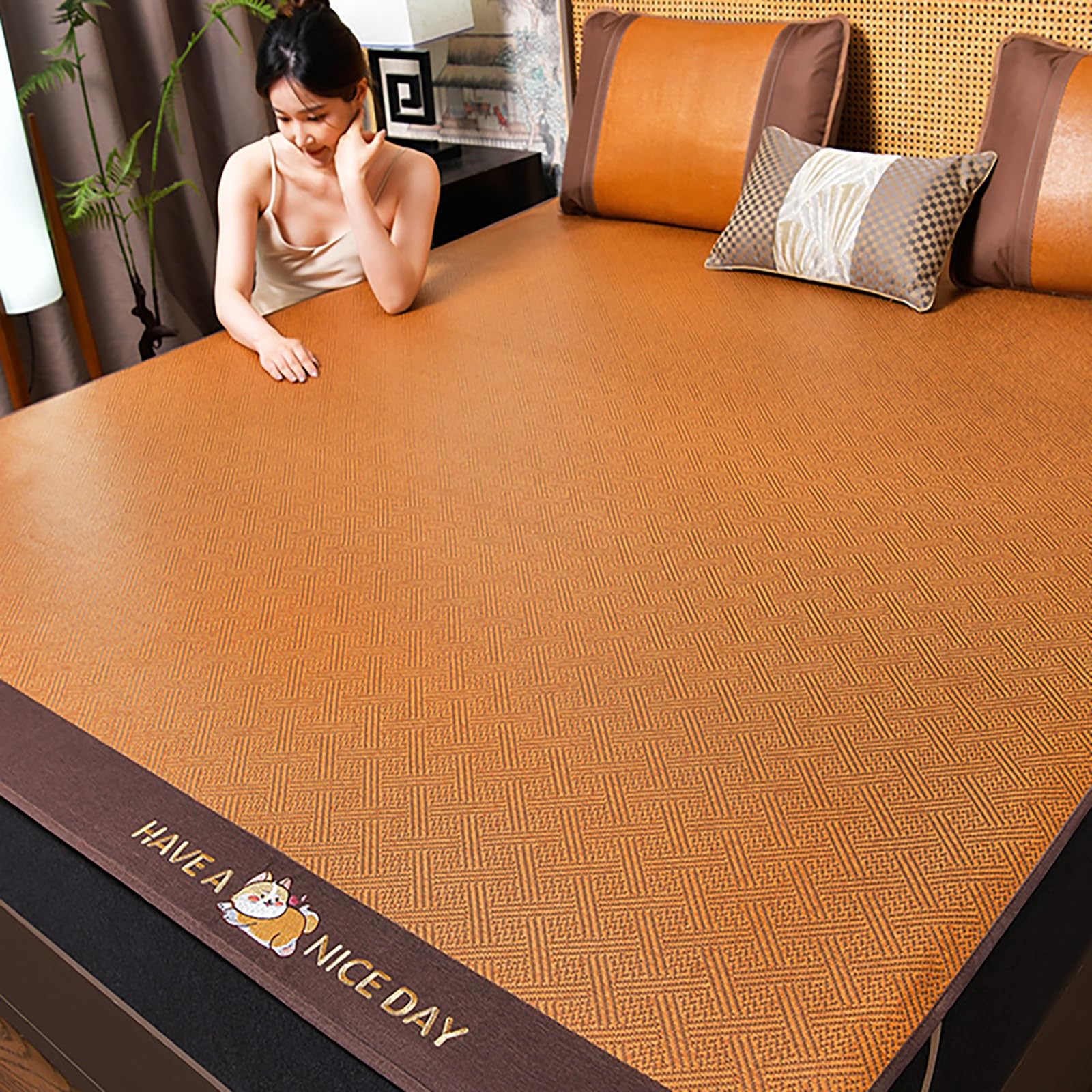 Rattan Summer Cooling Sleeping Mat, Foldable Rattan Cooling Bed Mat, Folding Smooth Air Conditioning Mat for Bed, Breathable Sleeping Mat with Pillowcase, Easy to Clean for Single Double Bedroom(Brown