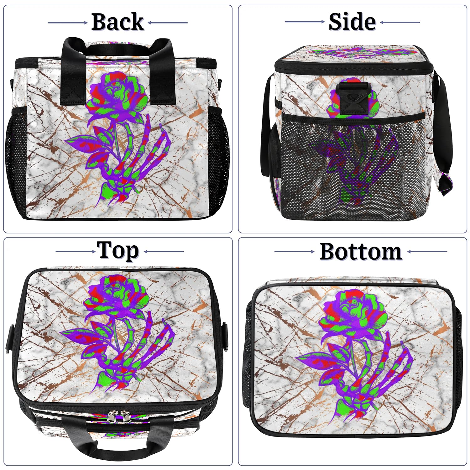 Grand sac à déjeuner isotherme en marbre pour adultes, hommes, femmes, enfants, filles, garçons, motif tête de mort, roses, marbre, sac isotherme pour le travail, le pique-nique, le barbecue