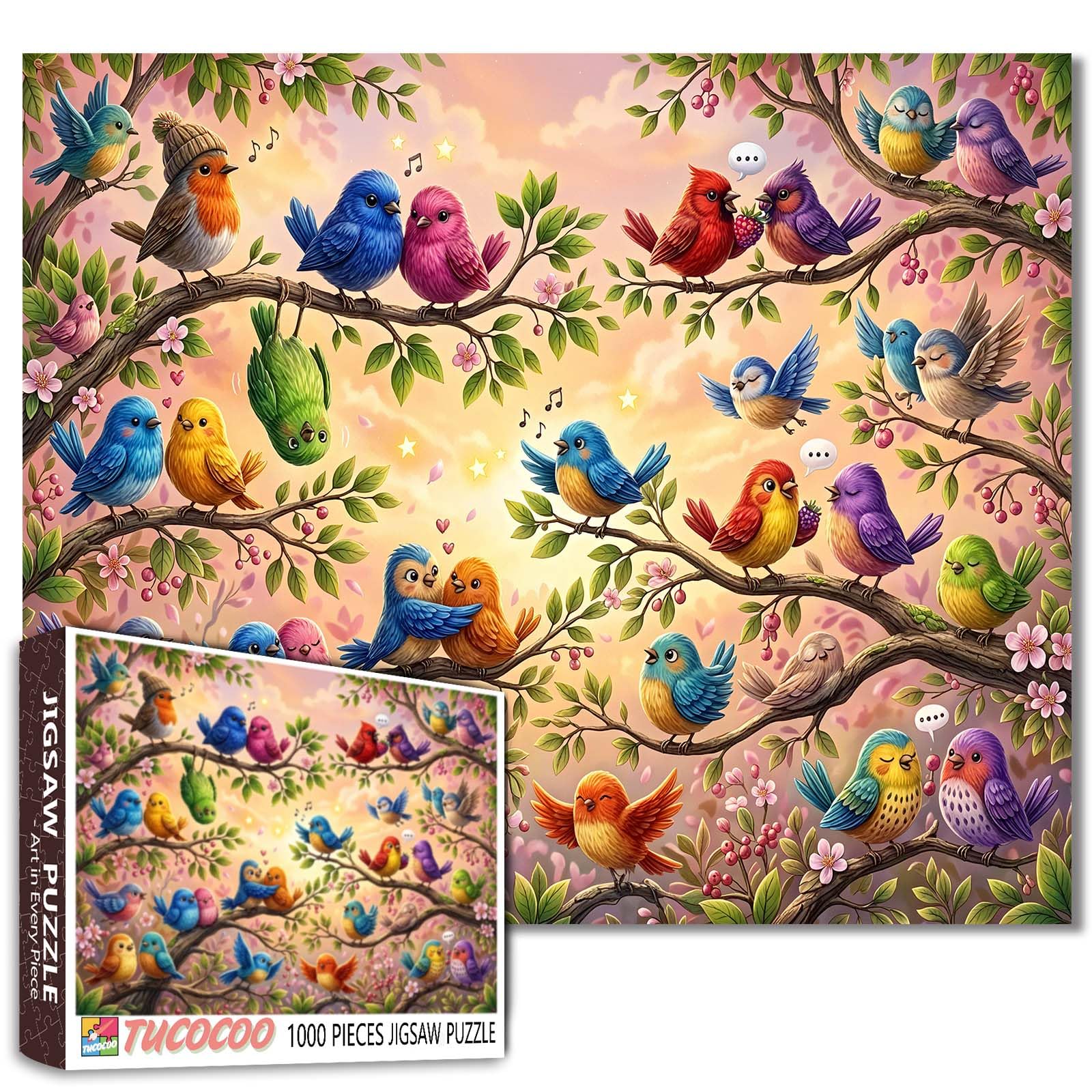 Cute Birds 1000 Piece Puzzle for Adults Colorful Animal Jigsaw Puzzle Large Size 19.7 x 27.6 Inches Birds on Tree Cartoon Style Puzzles Fun Challenge Family Game Gift for Adults and Teens Home Decor — image 1