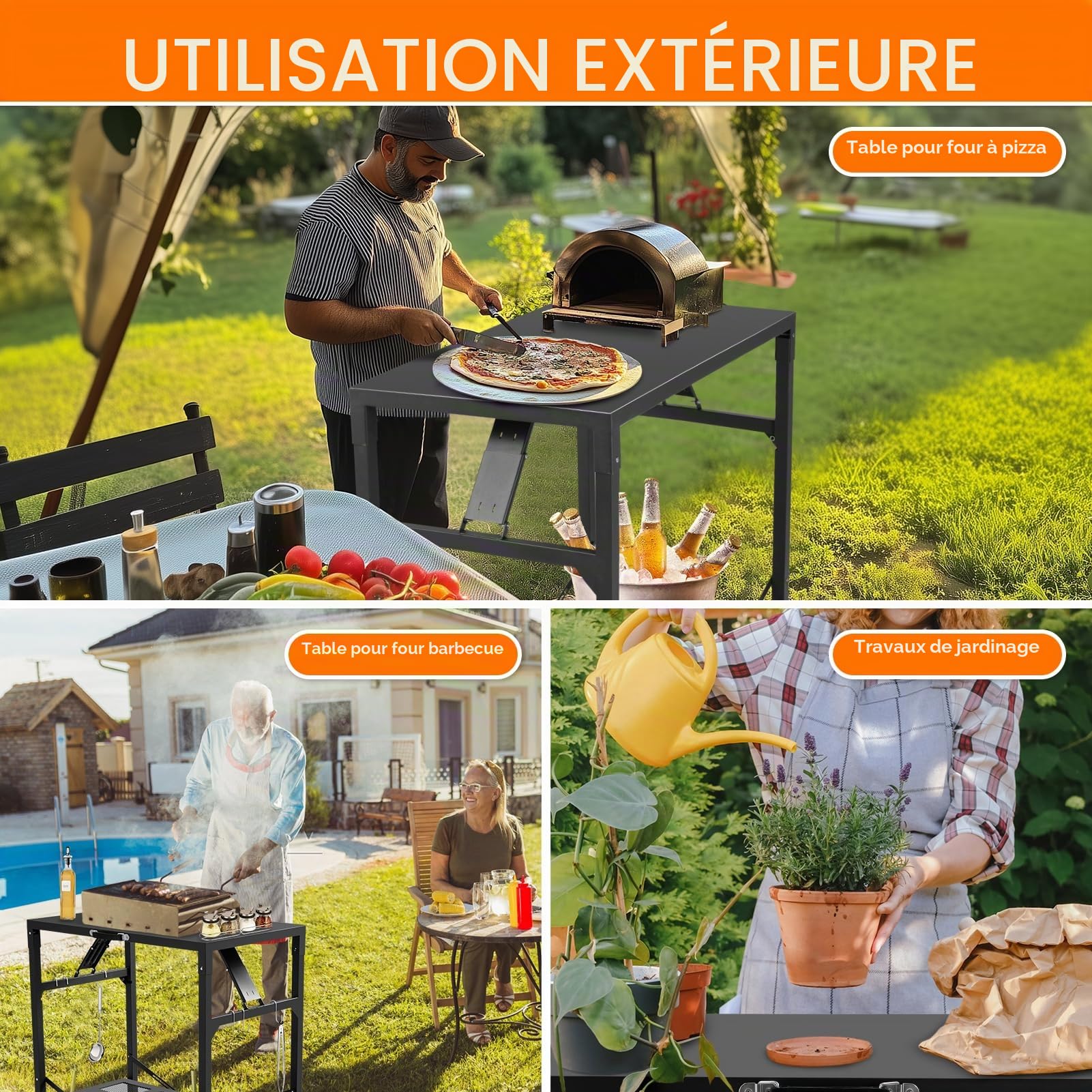 KHAMAL Chariot de barbecue pliable - Table de four à pizza portable avec roues - Table mobile pour l'extérieur, le barbecue, l'intérieur, la cuisine