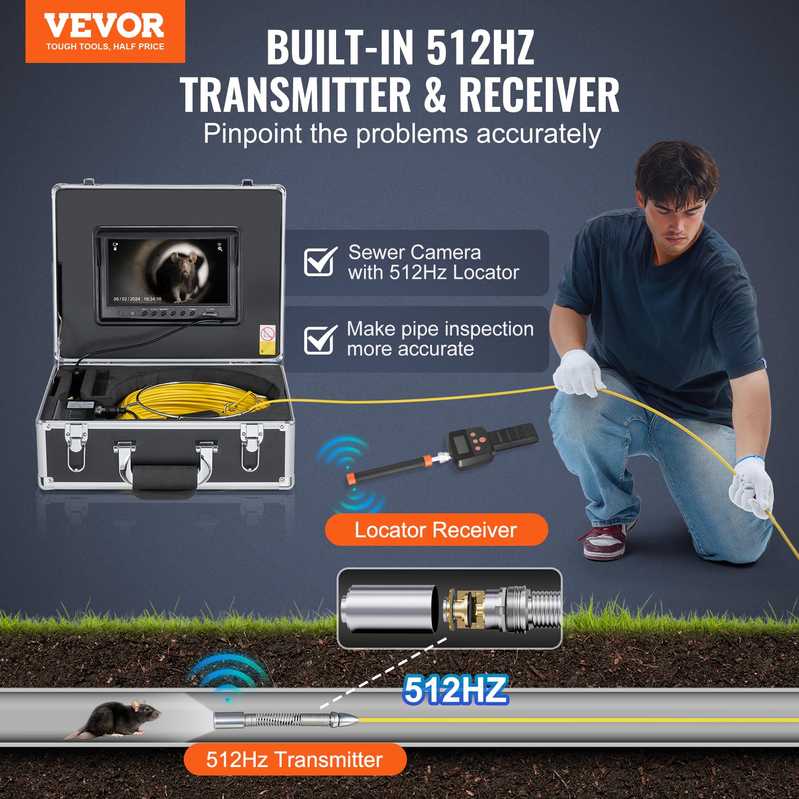 VEVOR Sewer Camera with 512Hz Locator, 98 ft/30 m, 9