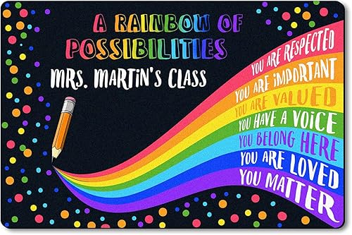 Tapete personalizado con nombre para profesor, tapete de clase personalizado, tapete para puerta de aula, un arco iris de posibilidades, tapete de