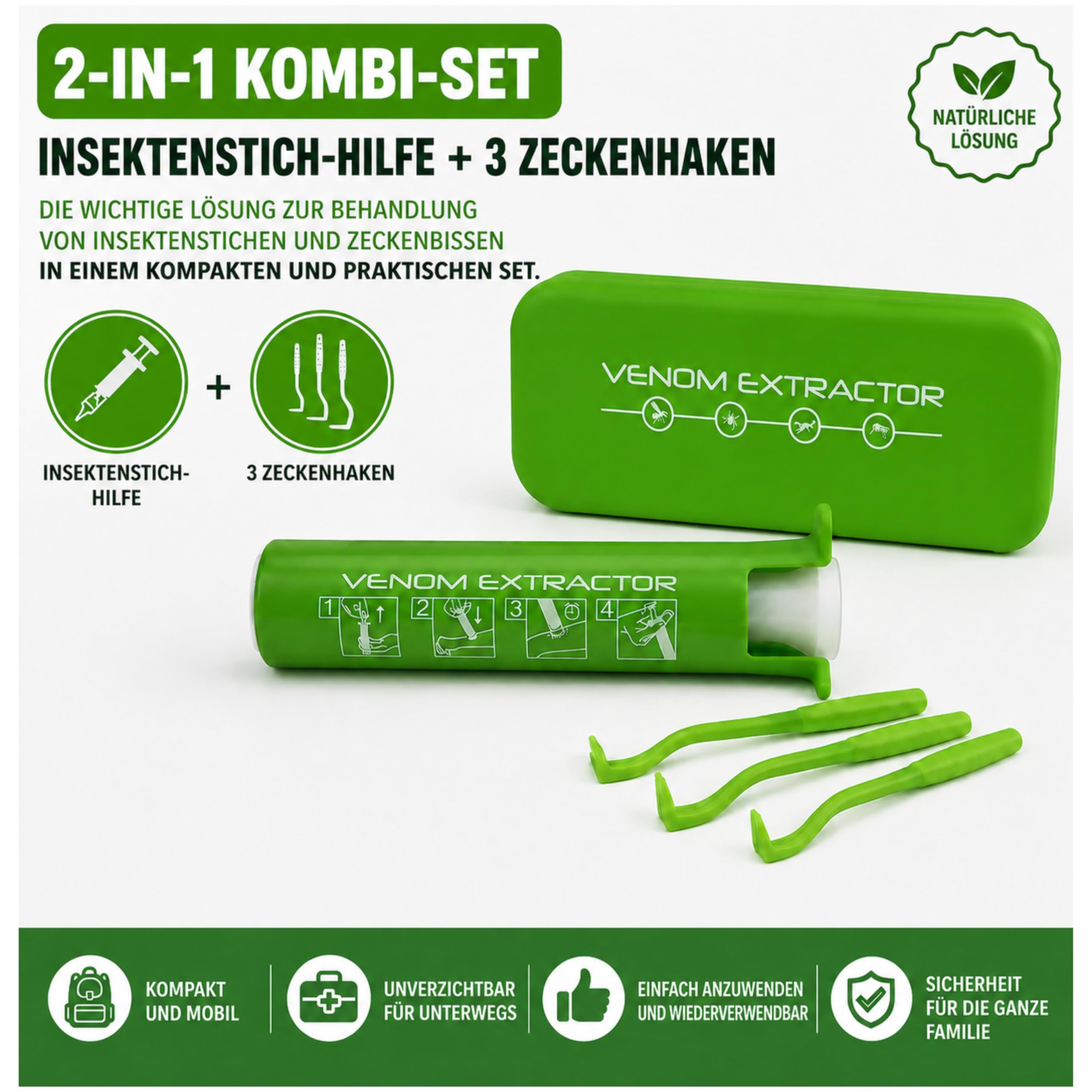 2-in-1 Kombi-Set: Giftsauger + 3 Zeckenhaken – das Komplettpaket zur Behandlung von Insektenstichen und Zeckenbissen, Insektenstichheiler