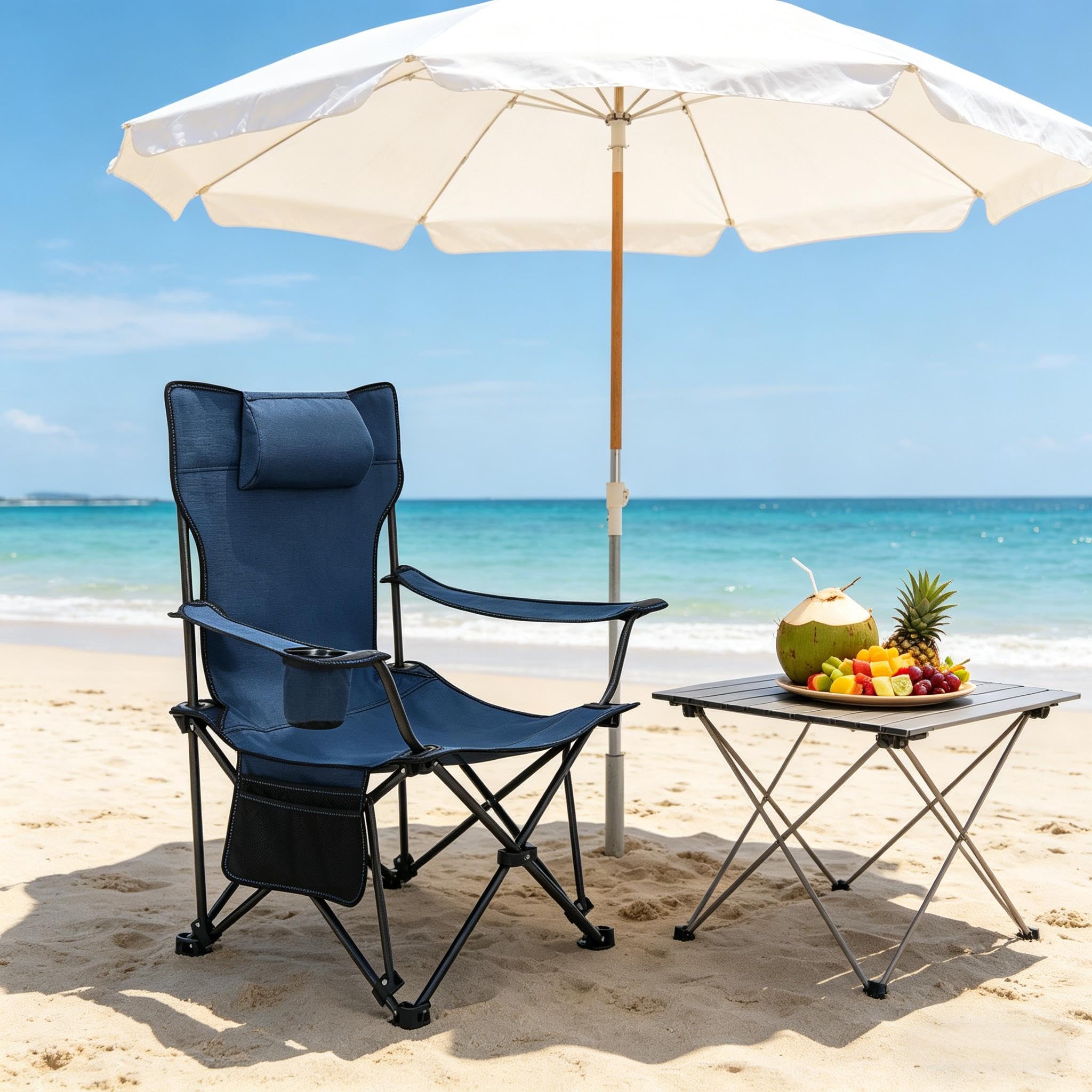 Ergonomiczne krzesło kempingowe z funkcją leżenia – regulowane krzesło składane na plażę, do ogrodu i wędkowania, wysuwany podnóżek i uchwyt na napoje, stabilne do 150 kg, w zestawie torba