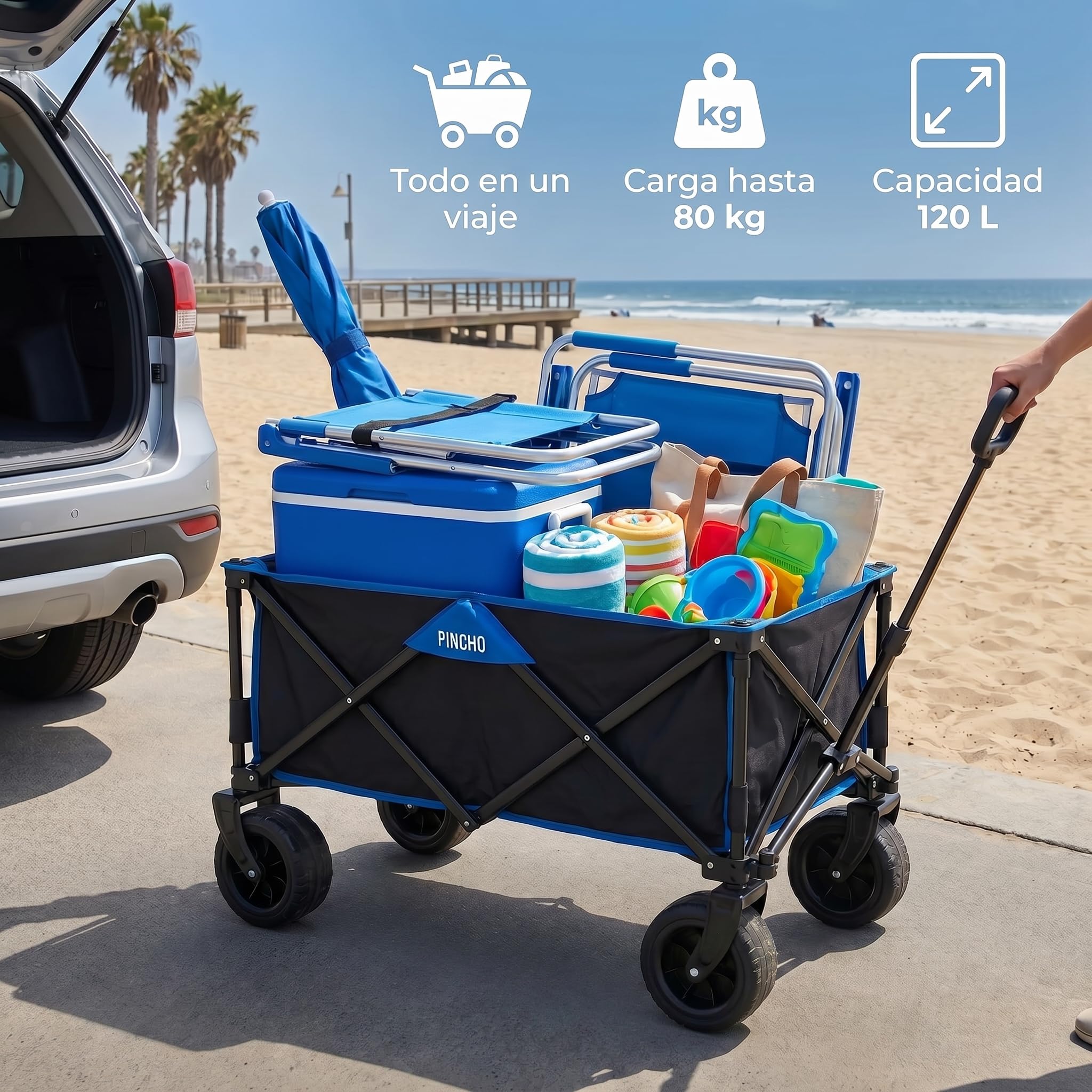 Carro Playa Plegable - PINCHO - Carrito De Playa Plegable, Carro Transporte Plegable con Asa Telescópica, Carretilla Plegable con Ruedas y Frenos - 4 Ruedas, Carga 55 kg, Plegado Compacto, Bolsillo
