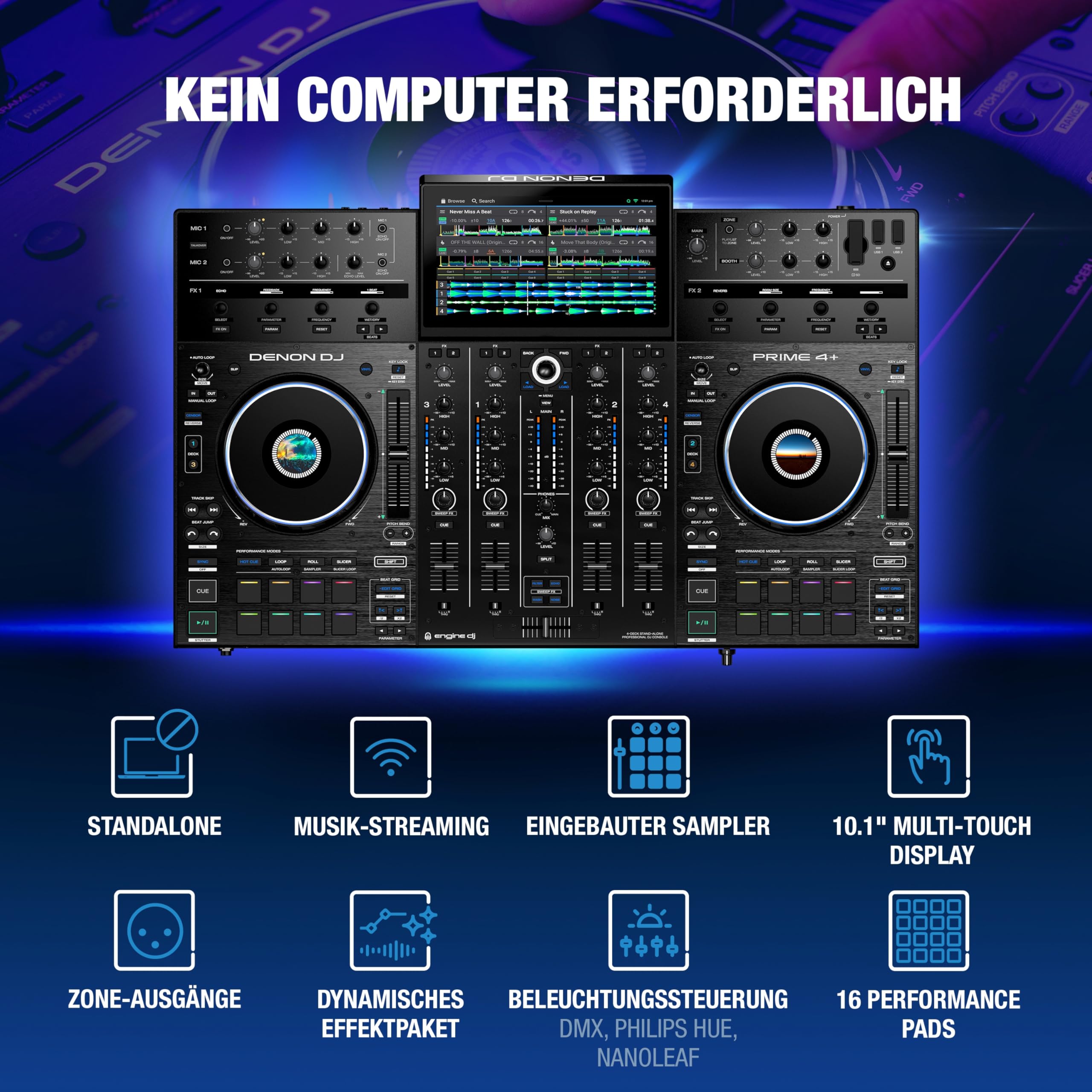 Denon DJ PRIME 4+ Standalone DJ-Controller mit Stem-Trennung auf 4 Decks, WLAN-Streaming, Drop Sampler Mixer, 10.1-Zoll Touchscreen, Beleuchtungssteuerung, Schwarz